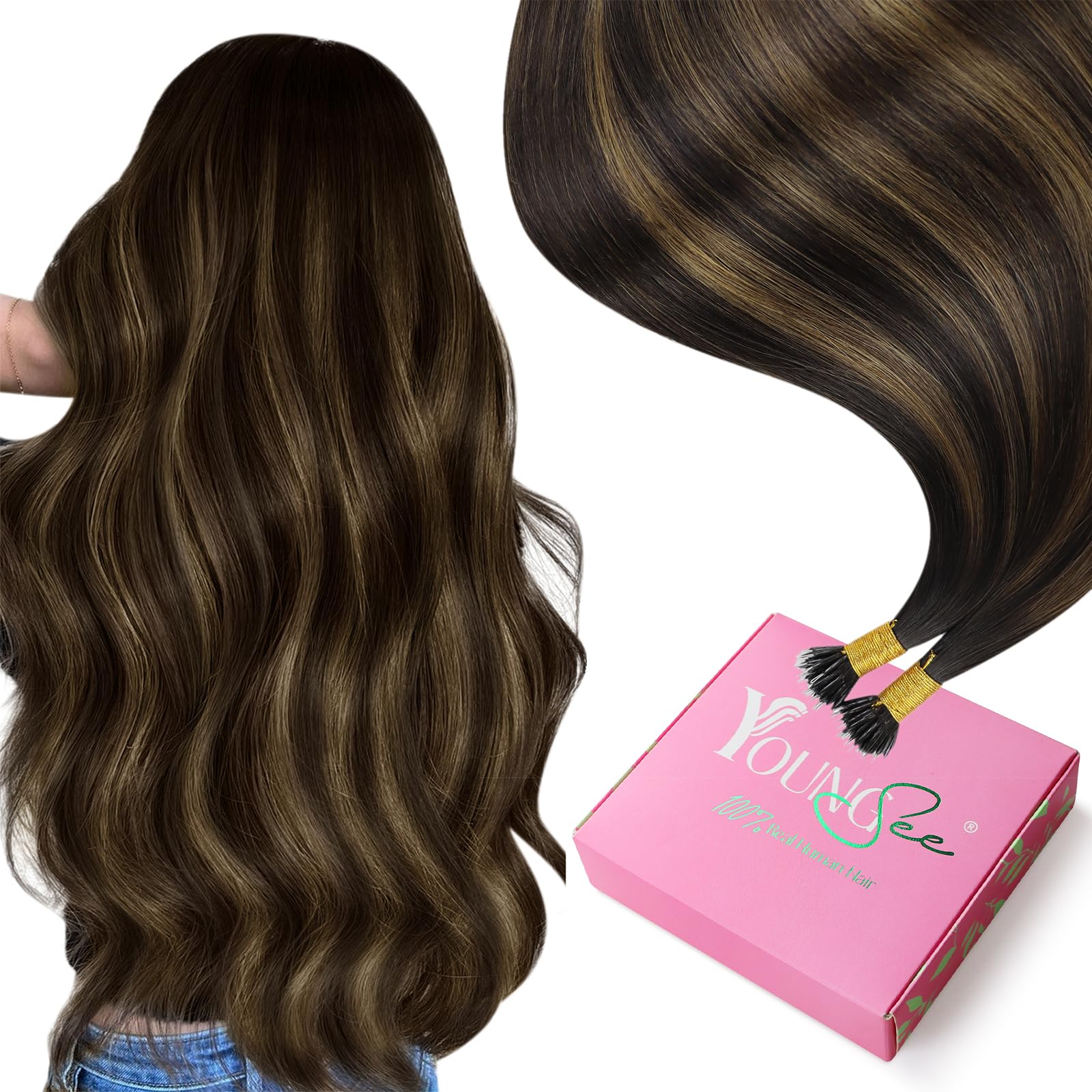 YoungSee Nano Beads Hair Extensions Brown 24inch Nano Hair Extensions Balayage Dark Brown Ombre Brown Remy Nano Ring Hair Extension Balayage for Wedding Long Straight Cold Fusion 50s 50g