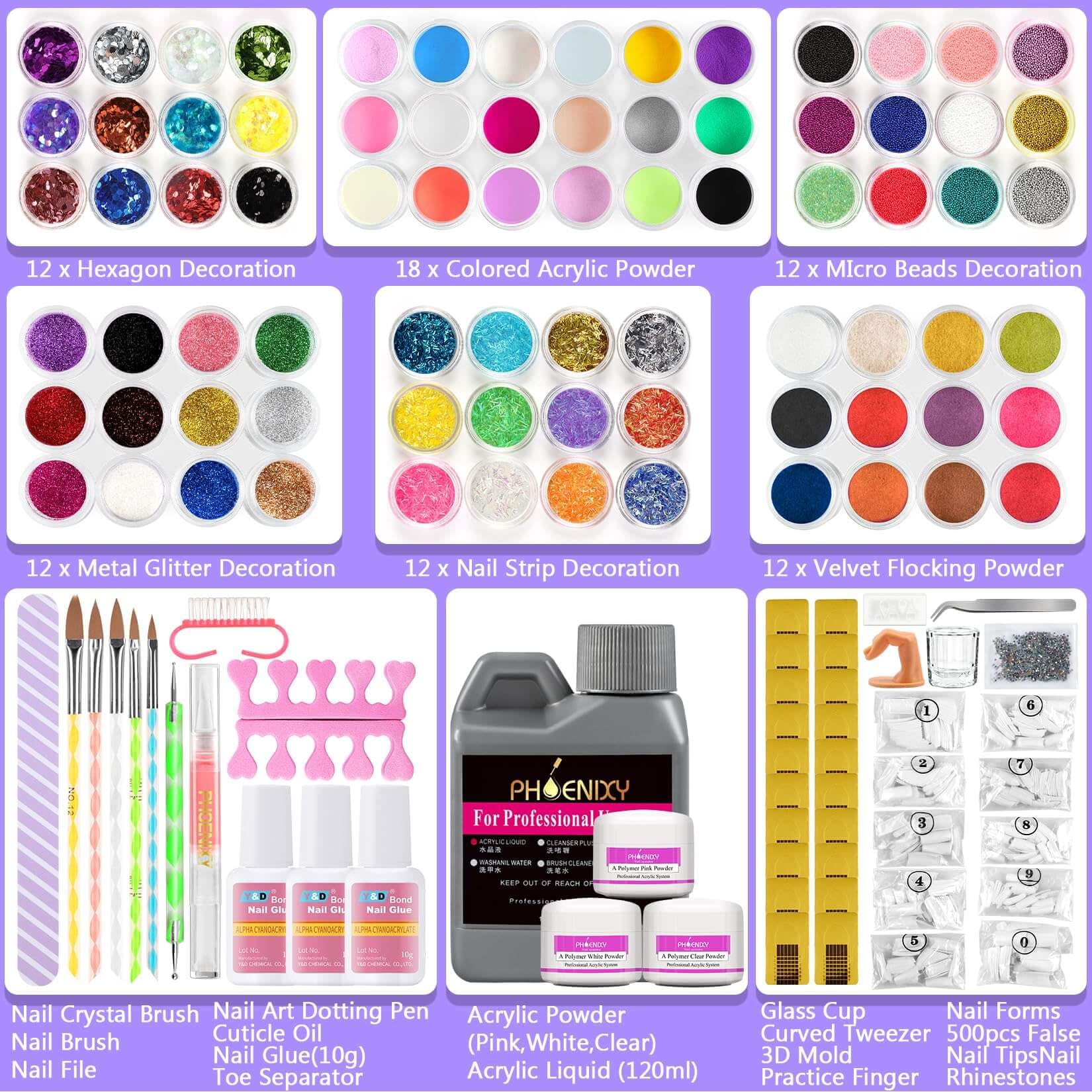Phoenixy Poudre Acrylique Pour Ongles 78 Couleurs Kit Acrylique Ongles Complet Avec Acrylique Liquide Monomer Faux Ongles Outils D'art D'ongle Nail Art Extension Kit Manucure