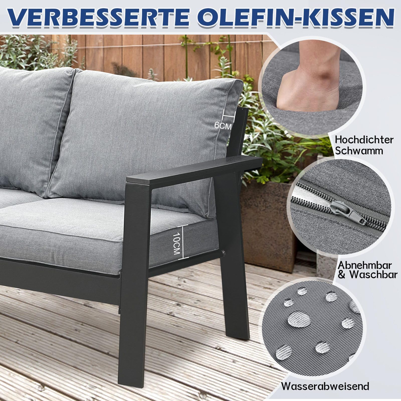 LANOX Balkonmöbel Gartensofa 2 Sitzer aus Aluminum, 134,5×75×74 cm, inkl. Sitz- und Rückenkissen, Wetterfest Gartensofa für Balkon Terrasse Garten, Grau