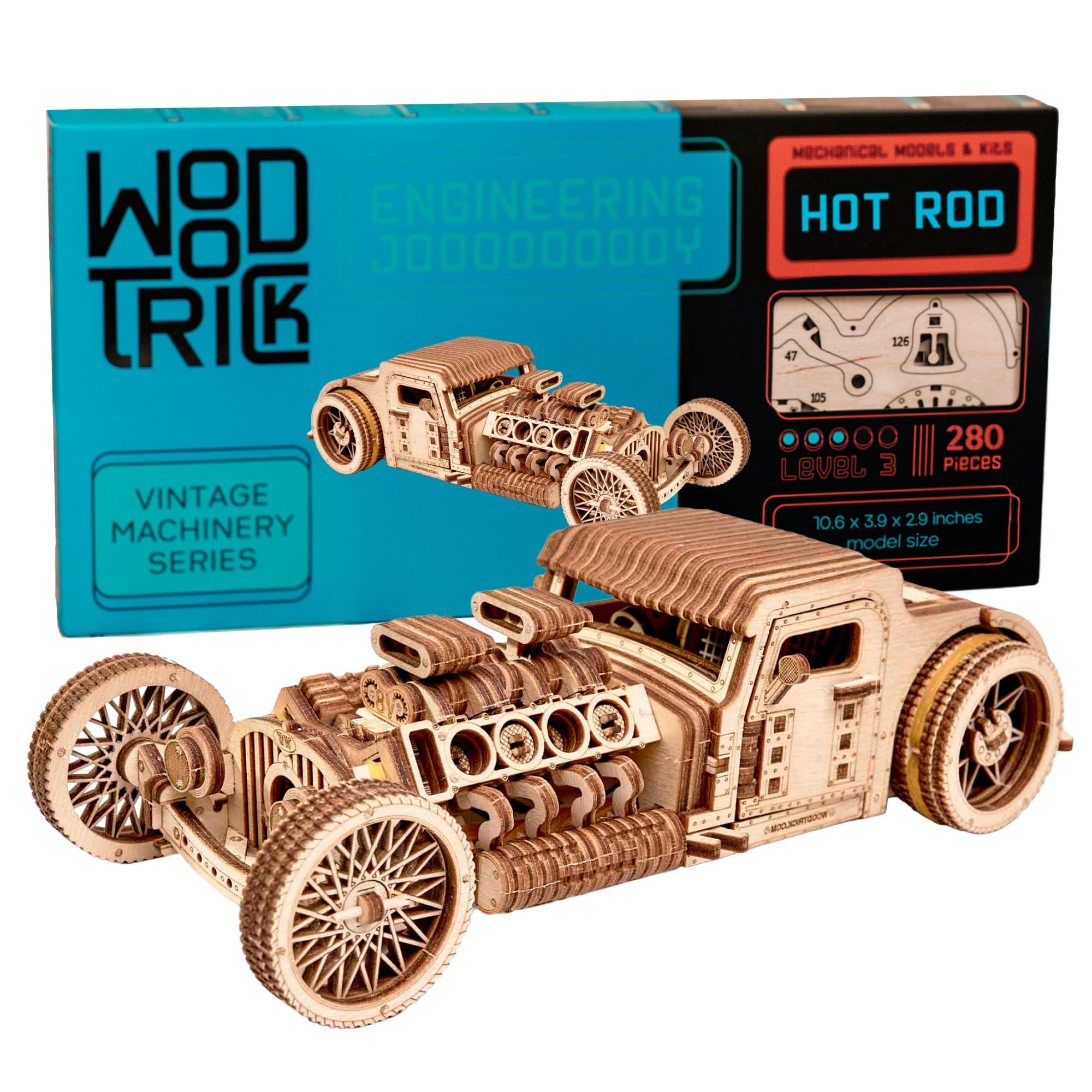 Wood Trick Hot Rod Car Puzzle 3D di Legno per Adulti da Costruire | [280 Pezzi] Rotola Fino a 9,8 m - Design Vintage Dettagliato - Kit di Montaggio Meccanico in Legno DIY per Adulti
