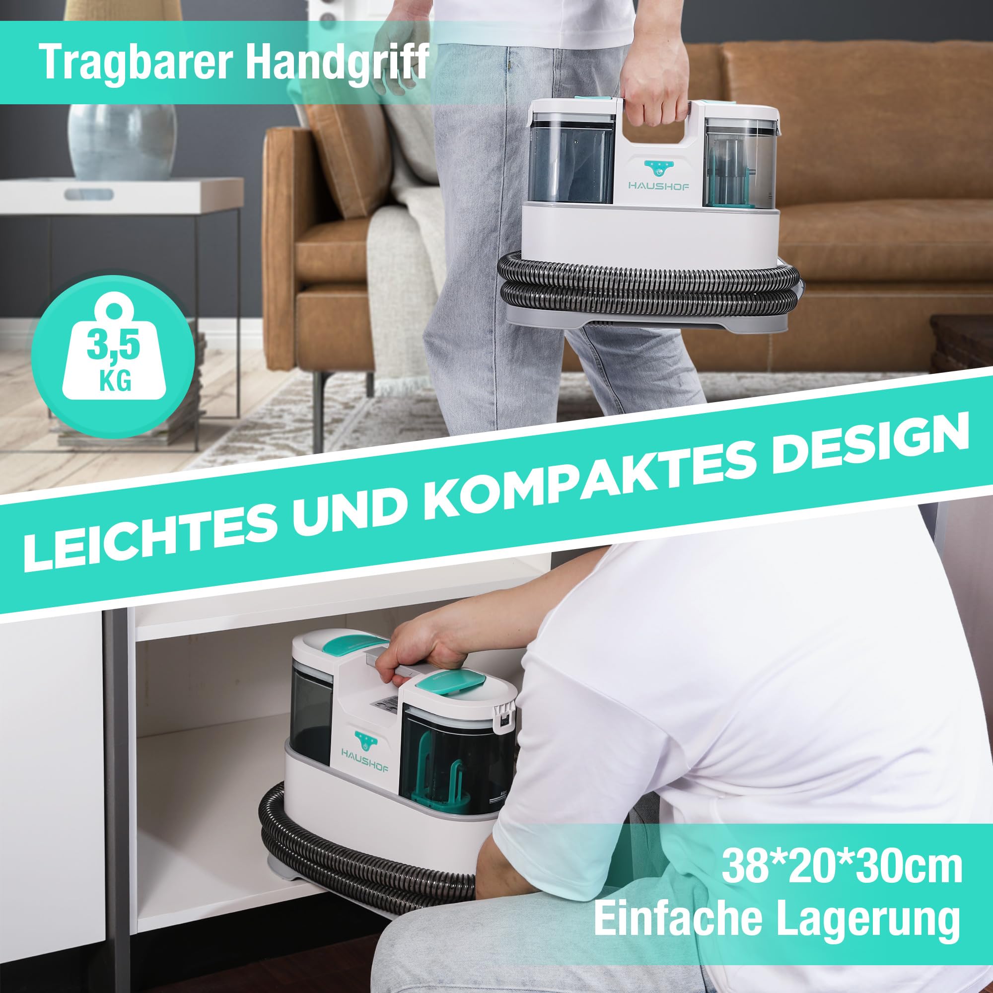 HAUSHOF StainZapper Air, Akku Waschsauger für Auto 12kPa, 24V Kabelloser Fleckenreiniger Teppichreiniger mit Reinigungsmittel 75dB, Polsterreiniger für Teppich, Sofa, Polster