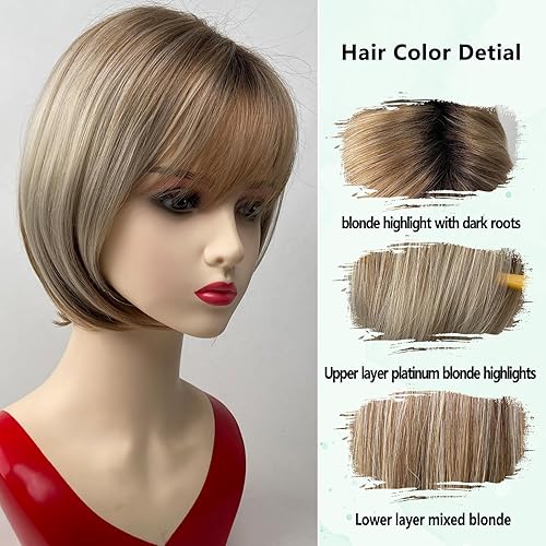 Miniatura 4 de RENERSHOW Pelucas cortas rubias estilo Bob para mujeres blancas, rubio degradado, con reflejos, peluca Pixie Bob con flequillo, longitud de barbilla