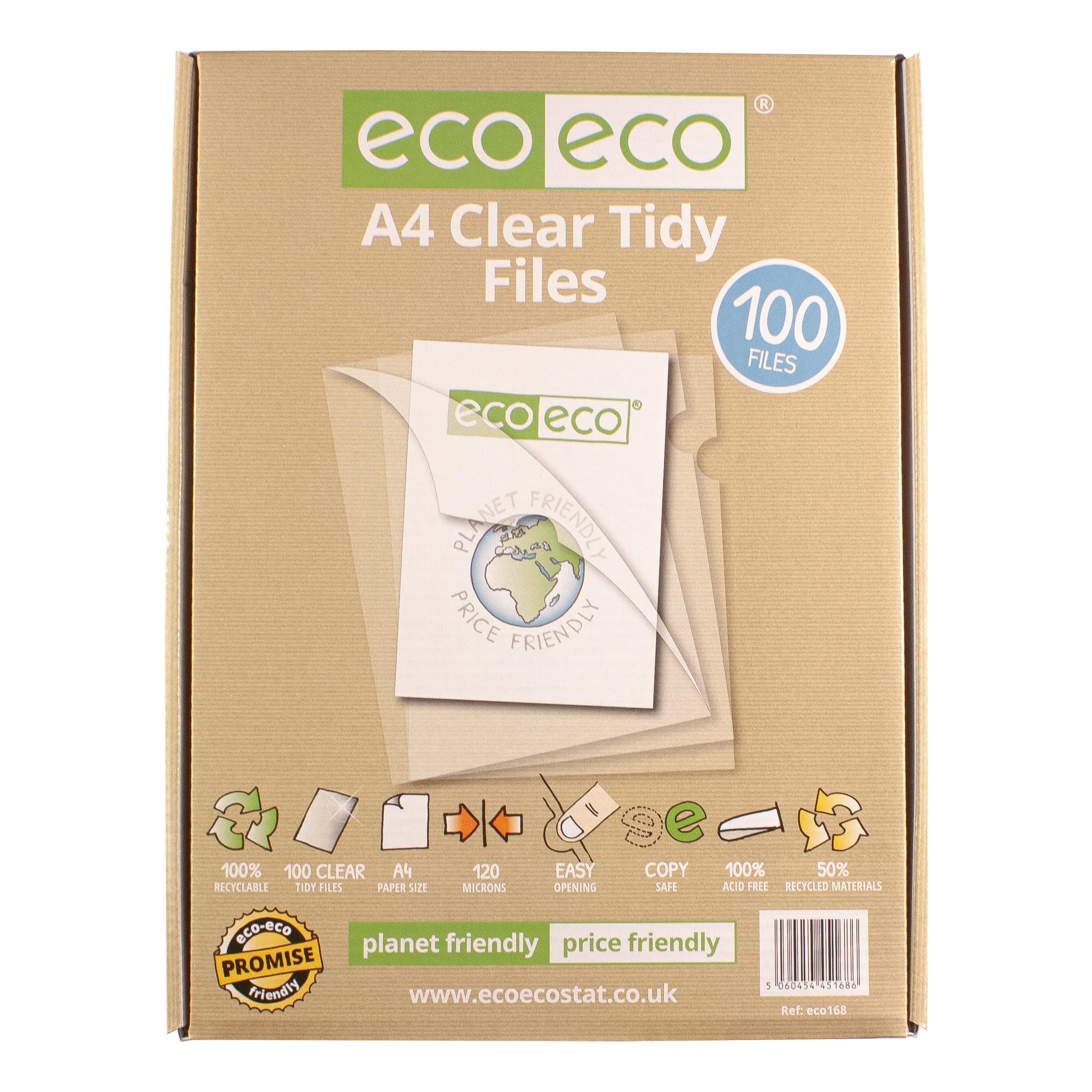 eco-eco A4 50% Recycled Box 100 Tidy Report Files, 120 Micron Open Top & Side Covers File Wallets Clear Cut Flush, eco168