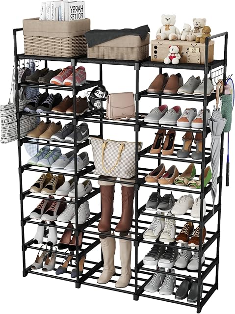 FINEW Shoe Rack 9 Tier 3 Row, Metal Shoes Storage Organiser Shelf, Holds 50-55 Pairs Shoe Boots, Stackable Stand Shoe Cabinet with Hooks, Tall Shoe Tower for Hallway Entryway, Space Saving - Black