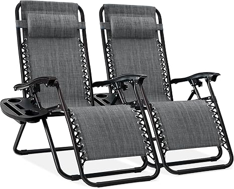 Best Choice Products Set of 2 Adjustable Steel Mesh Zero Gravity Lounge Chair Recliners w/Pillows and Cup Holder Trays - Gray
