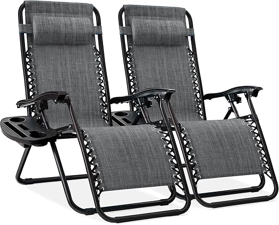 Best Choice Products Set of 2 Adjustable Steel Mesh Zero Gravity Lounge Chair Recliners w/Pillows and Cup Holder Trays - Gray