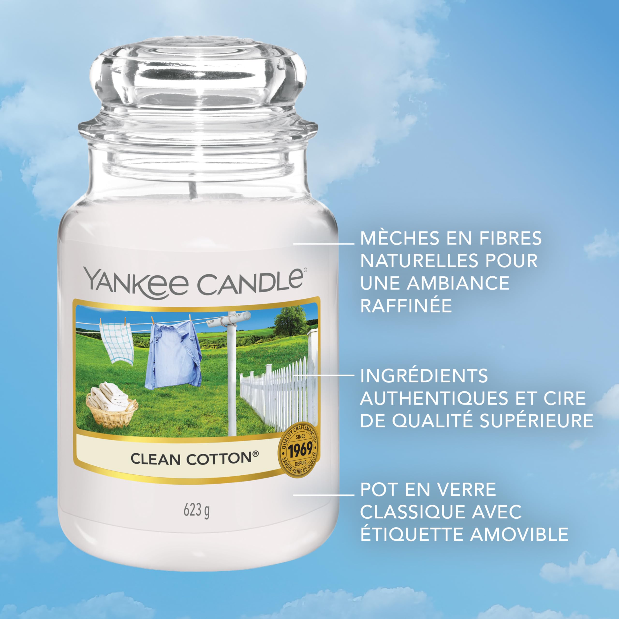 Yankee Candle bougie parfumée Coton fraichement lavé | Format jarre | Bougie longue durée jusqu’à 150 heures de combustion | Cadeaux pour femmes