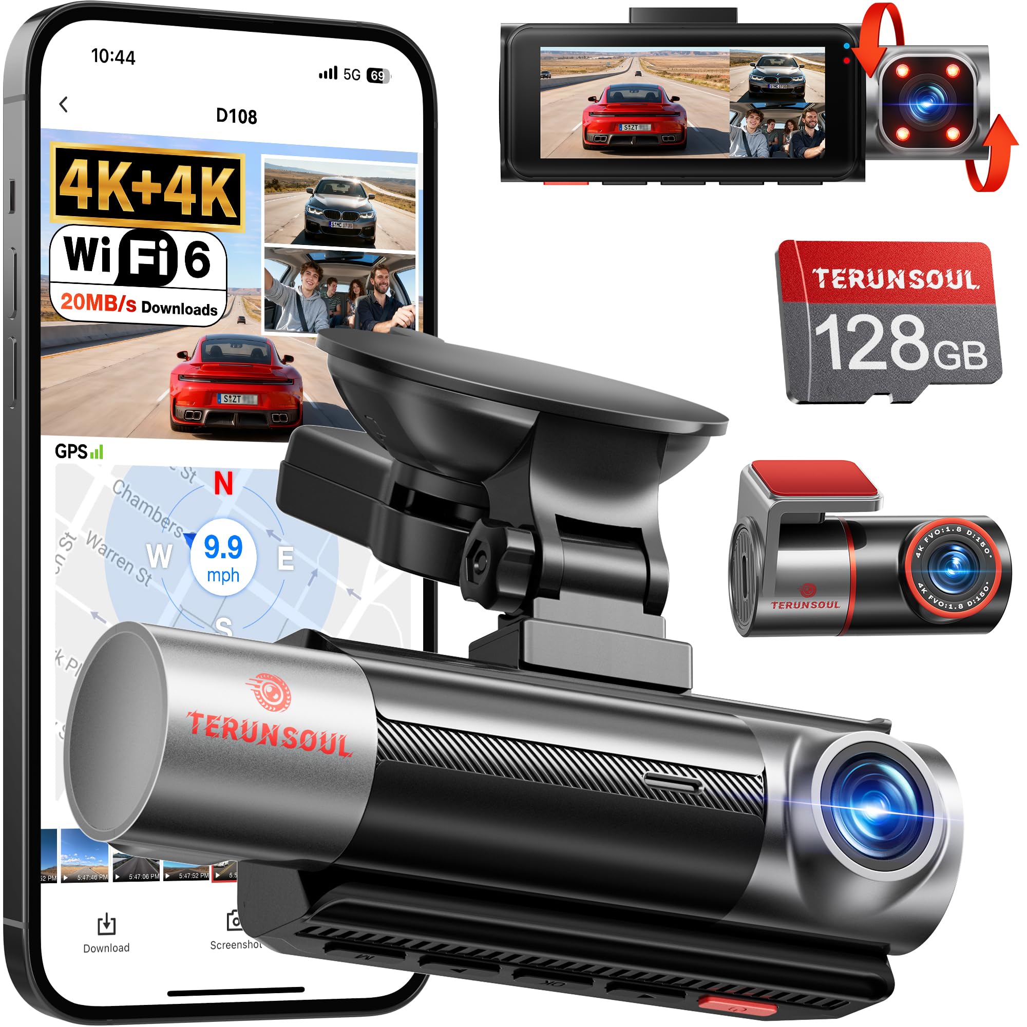 4K+4K+1080P 3 Channel Dash Cam Front and Rear with Cabin, Free 128GB Card Included, 5.8GHz WiFi6 - up to 20MB/s, IR Night Vision, Built-in GPS, G-Sensor, 24H Parking Mode, Support 512GB Max