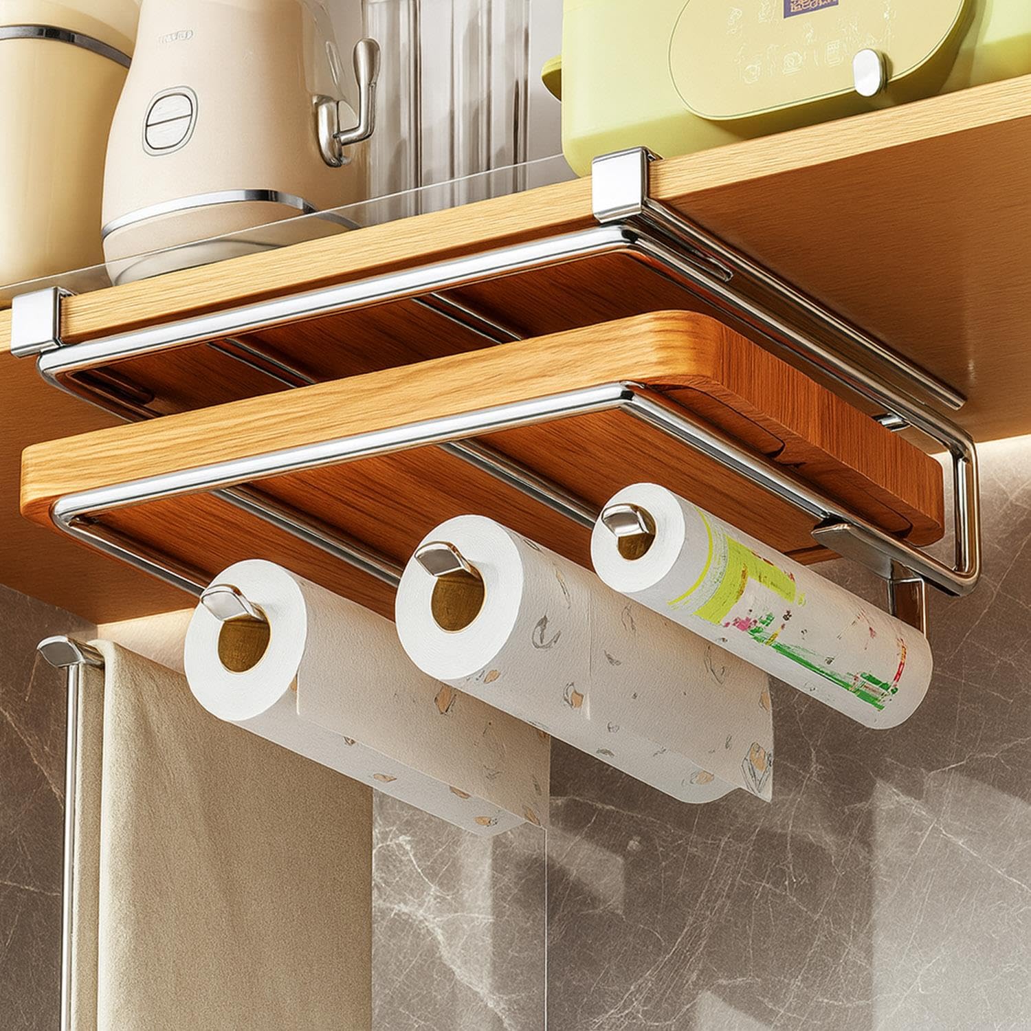 Greenfields Under Cabinet Cutting Board Holder with Roll Holder – Stainless Steel Heavy Duty Organizer Rack | Space-Saving No-Drill Chopping Board Storage for Kitchen Cabinets
