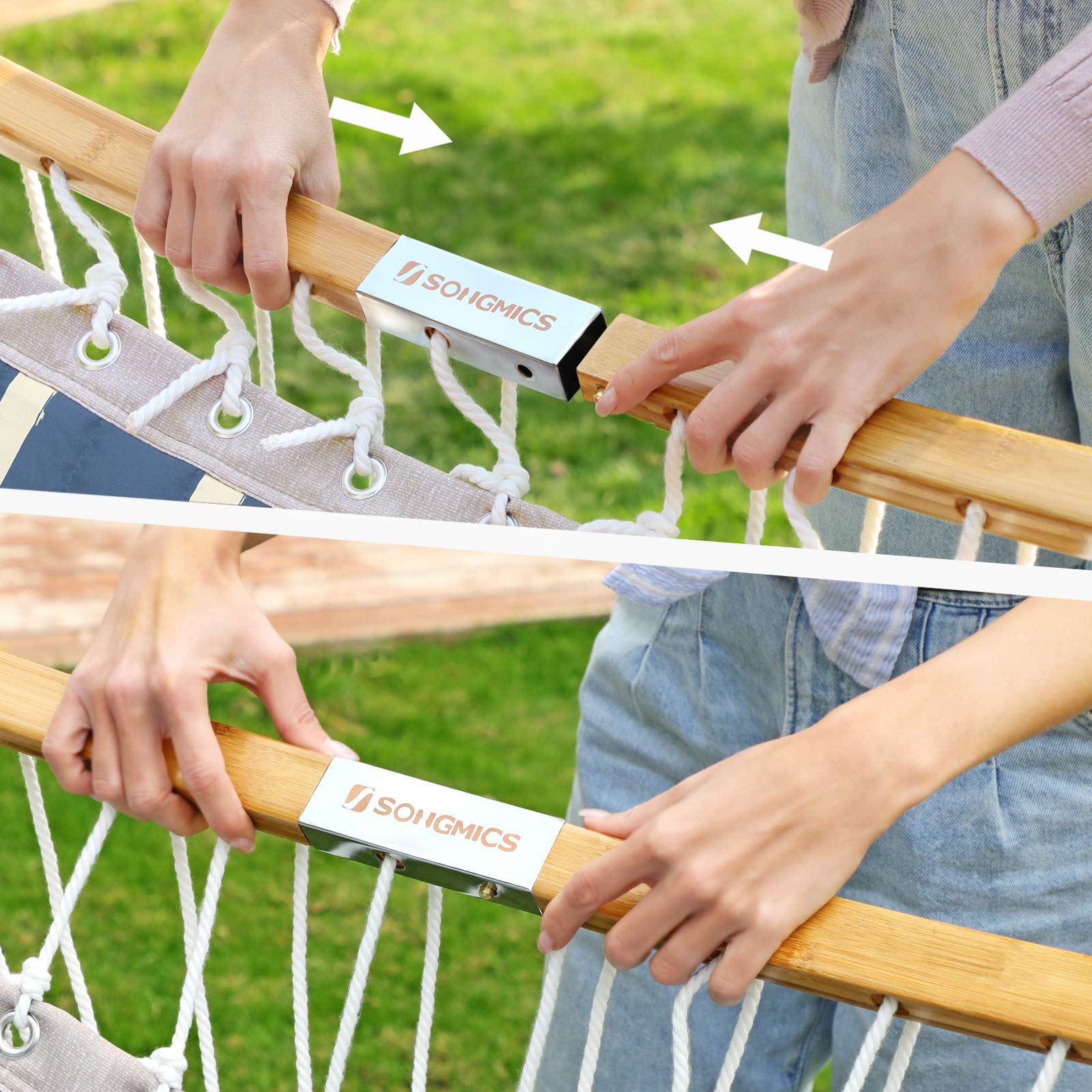 SONGMICS Amaca in Tessuto Trapuntato con Aste Curve in Bamboo Rimovibili, Cuscino, 200 x 140 cm, Capacità di Carico da 225 kg, Blu e Rombi Beige GDC034I02