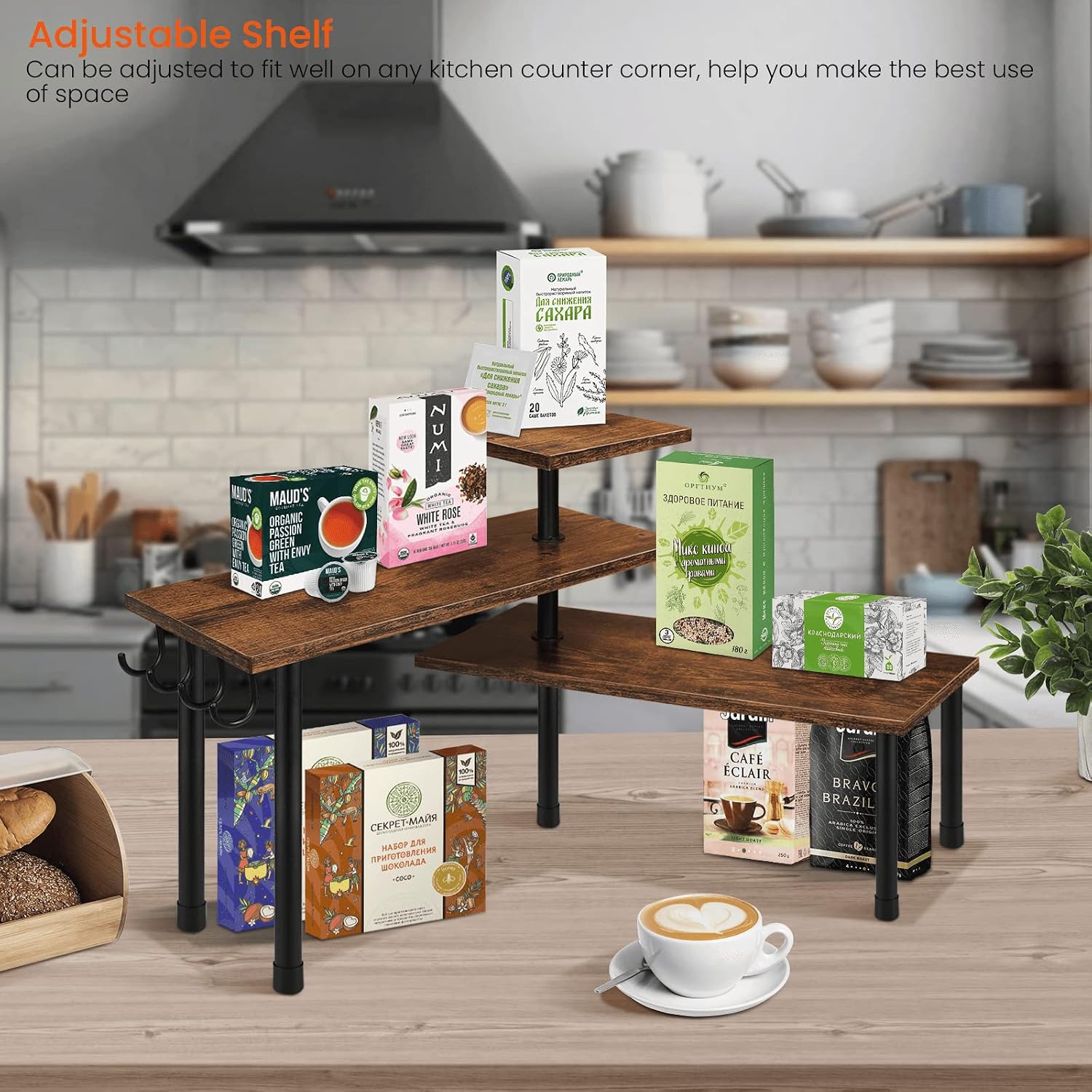 Homode Corner Shelves and Countertop Organizer Bundle, Kitchen Corner Shelf for Storage and Display, Wood and Metal Accent, Rustic Brown and Black image 2