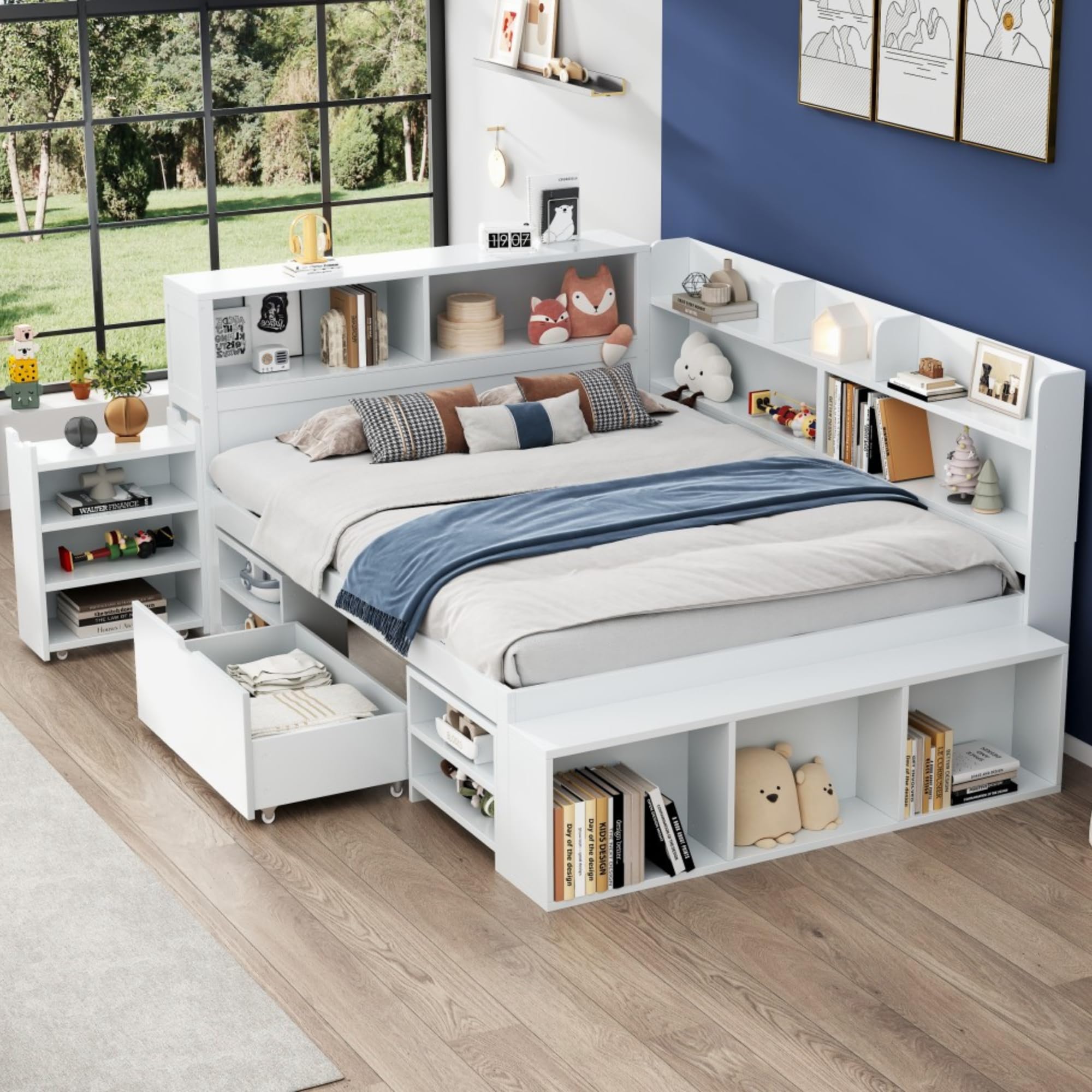 Mrwoo Doppelbett 140x200 cm, Kinderbett Stauraumbett mit Schubladen Stauraum und Offenes Regal, Reichlich Stauraum, Lattenrost, Für Jungen und Mädchen Geeignet, Weiß (Ohne Matratze)