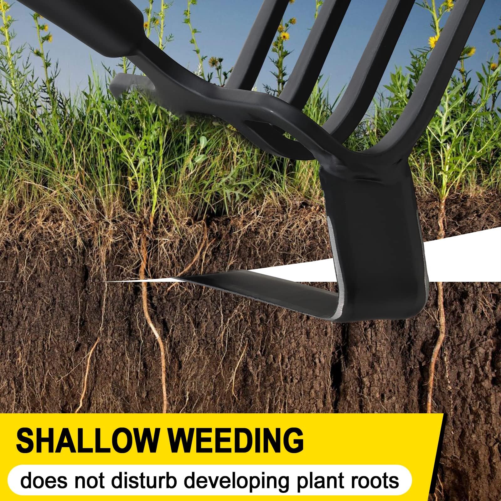 Azada de jardín 2 en 1, desbrozadora y cultivador de mango largo de 116 cm, herramienta de jardinería ergonómica con hoja afilada y 4 dientes, azada de estribo de acero al carbono resistente para
