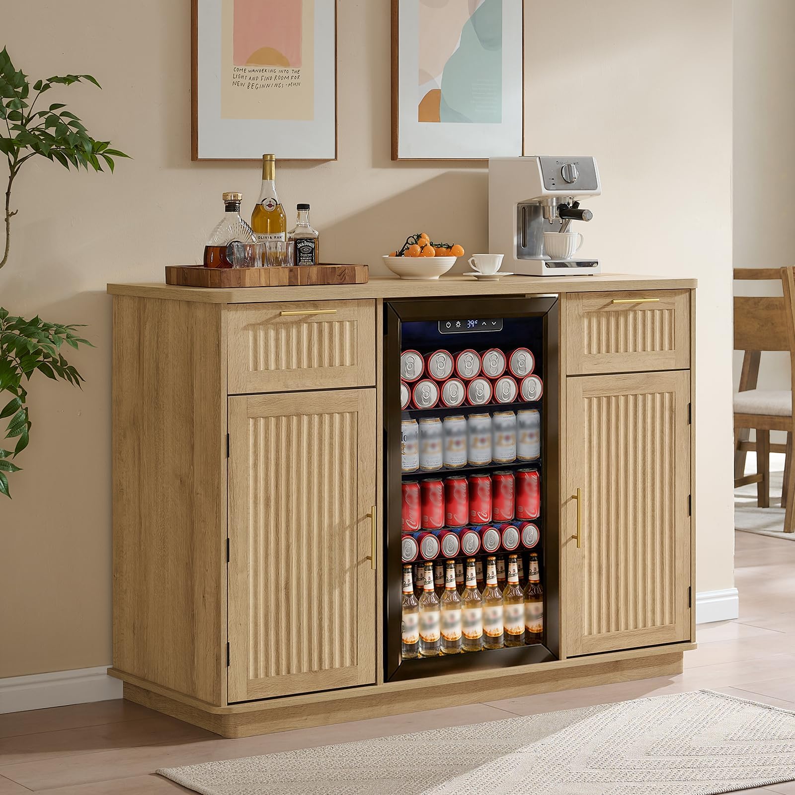 Okvnbjk Mini Fridge Cabinet with Storage & Power Outlet, Oak