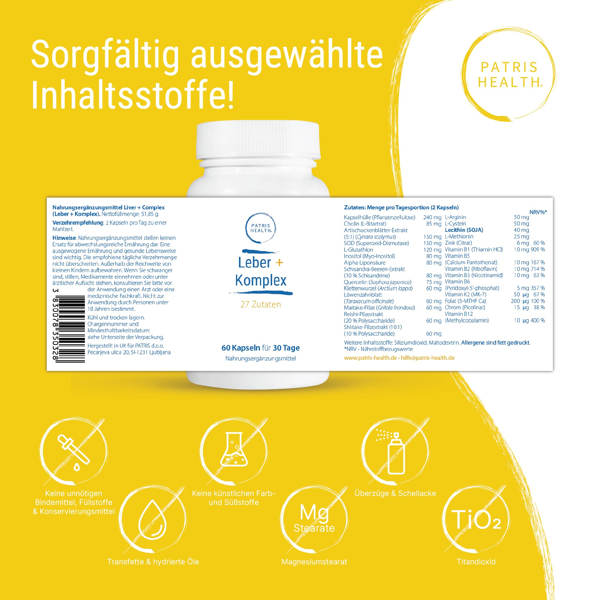 Leber+ Komplex, Nahrungsergänzungsmittel zur Leberentgiftung mit 27 Inhaltsstoffen, 60 vegane Kapseln für 30 Tage