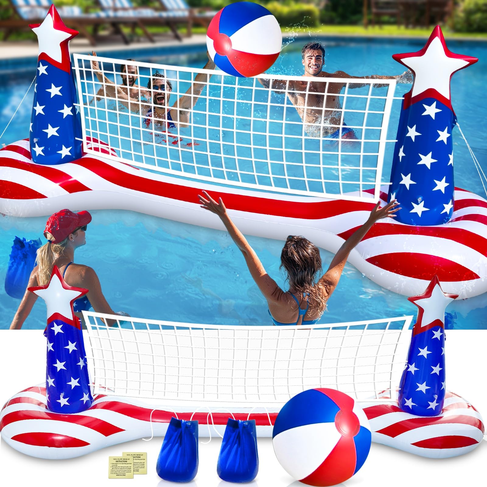 Grande galleggiante gonfiabile per piscina con pallone da spiaggia da 22,3 cm, 2 sacchi per pesi e bandiera americana, giocattolo galleggiante per adulti e bambini, perfetto per feste