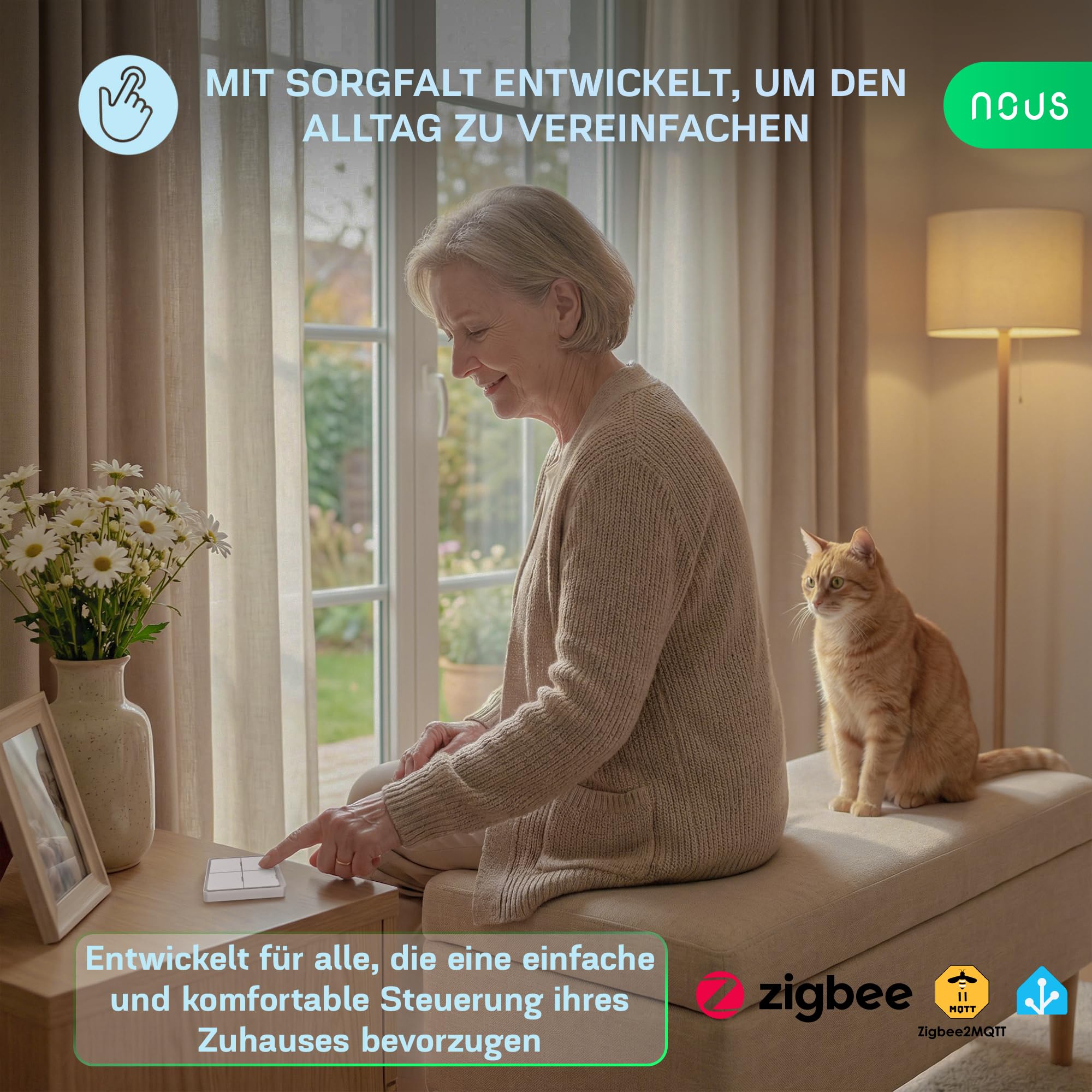 NOUS C1 ZigBee Funk-Schalter 4 Tasten, Smart Wireless Switch, Szenensteuerung bis zu 12 Aktionen, Batteriebetrieben, App Steuerung, Kompatibel mit Alexa & Google Home, ZigBee Hub Eforderlich