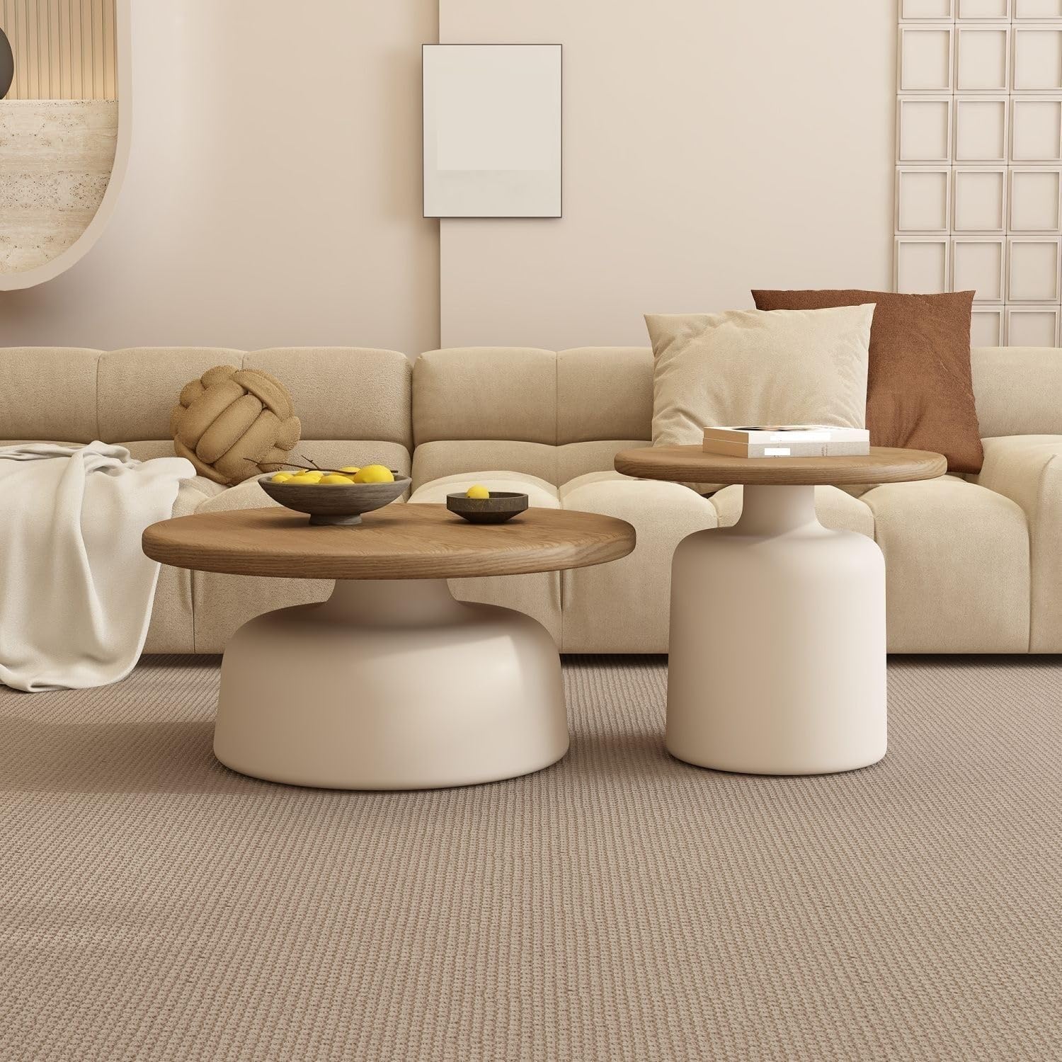 WLYMQFC2-Piece Set Coffee Table, Simple Modern Coffee Table End Table, Living Room Home Round Coffee Table Cream Style, Coffee Table Bedside Table