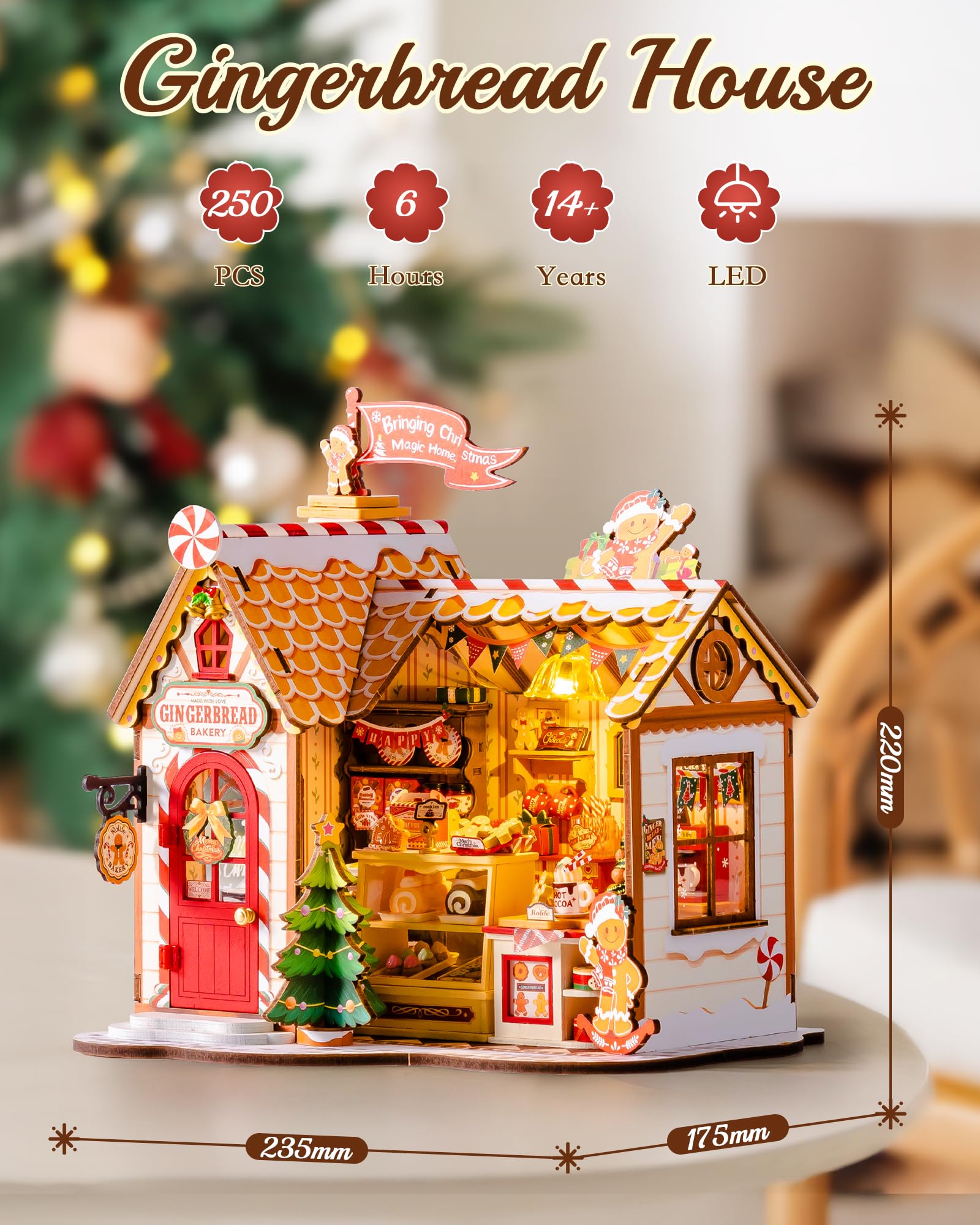 Rolife Bożonarodzeniowy domek dla lalek, domek z piernika, miniaturowy model drewniany, zestaw do montażu, domek dla lalek, dekoracja bożonarodzeniowa, kreatywny prezent dla dorosłych i młodzieży