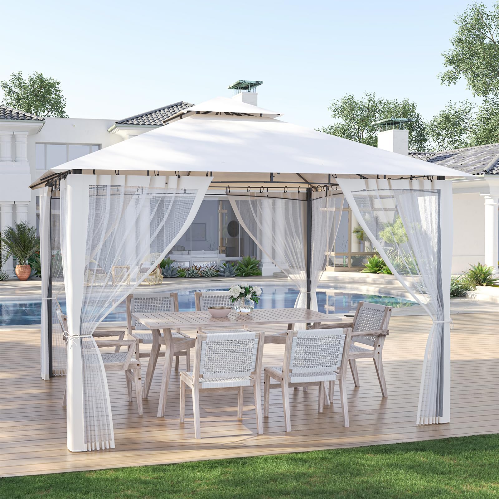 Amopatio Cenador de Jardín, 2.75x2.75m, Doble Techo Impermeable con Mosquitera Incluida - Pergola Exterior de Metal para Fiestas, cenador de Metal para Piscina,Beige