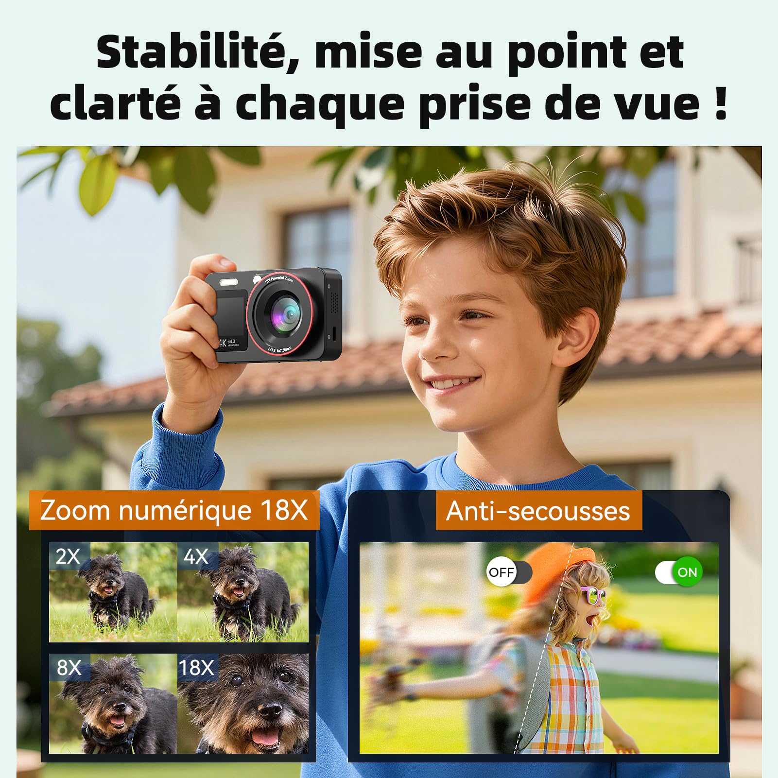 Appareil Photo Numérique 4K 64MP Digital Camera 18X Zoom Numérique Appareil Photo Compact Portable avec 2 Écran, 2 Batteries Carte SD de 64 GB pour Étudiant Débutant Cadeau, Noir