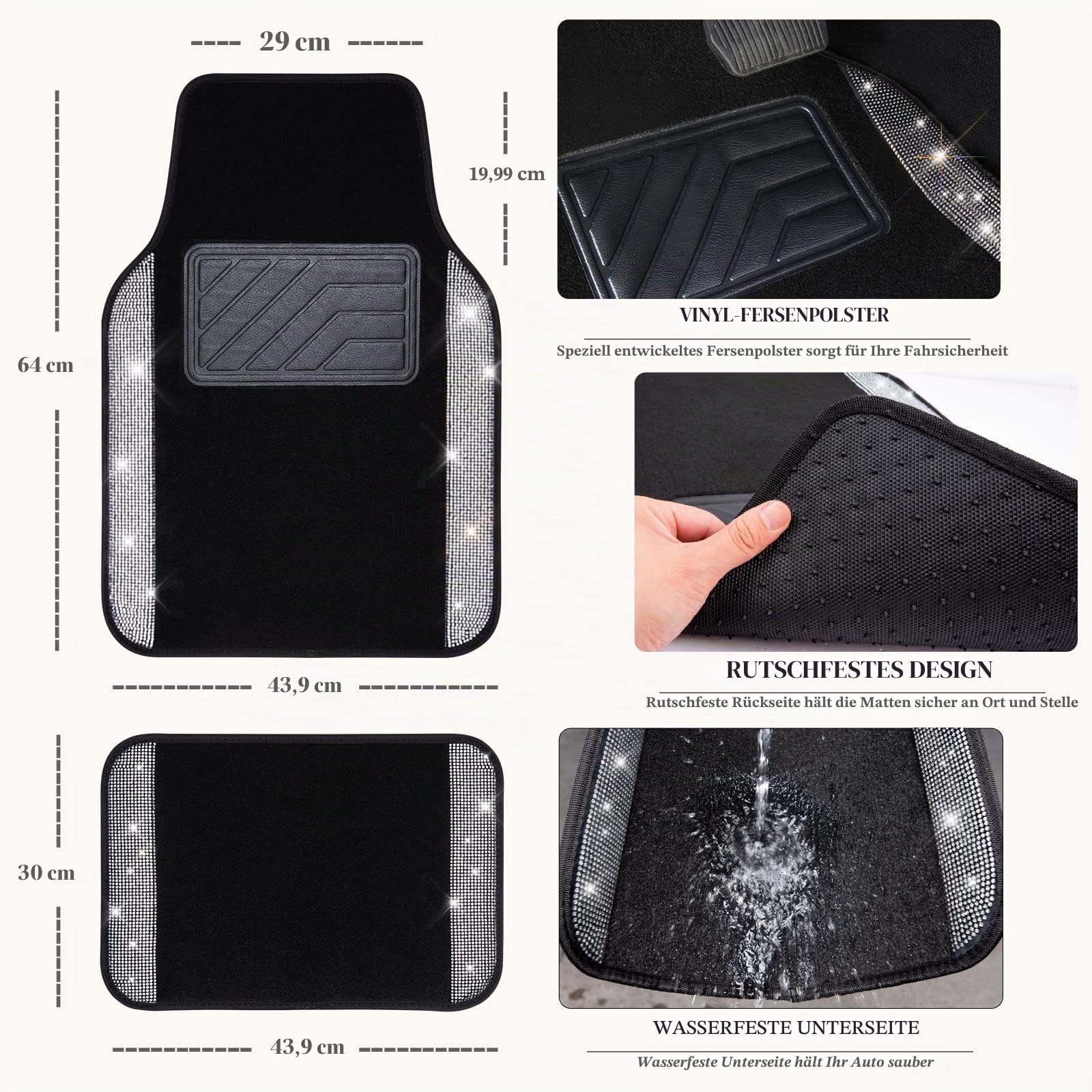 CAR PASS Bling Diamant Auto Fußmatten, Glänzend Glitzernder Kristall, Universal Fussmatten Auto mit Rutschfestem PVC Fersenpolster für SUV Limousine Van, 4 Stück für Mädchen Damen Herren(Silber)
