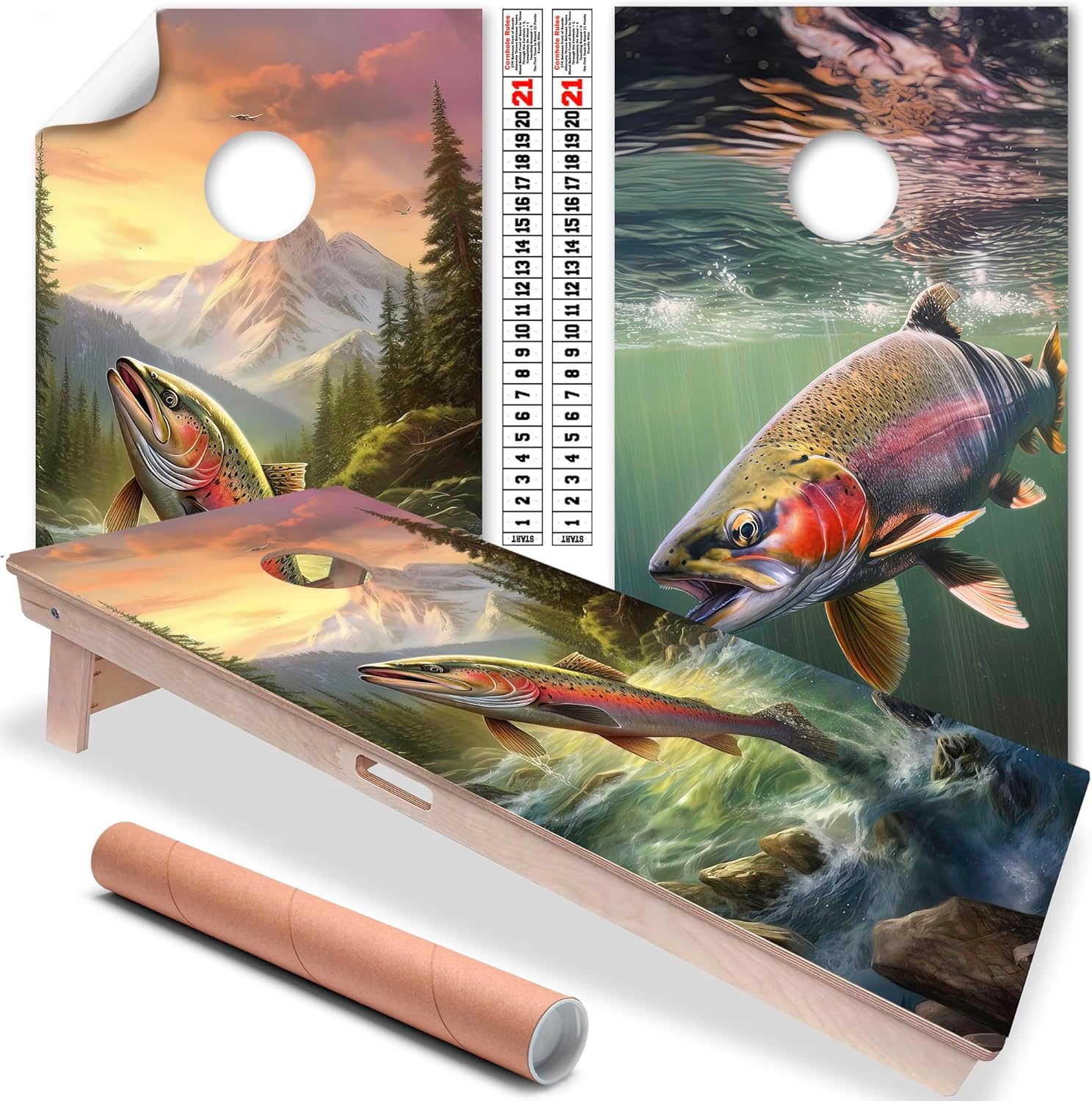 Cornhole Board Wraps and Decals for Boards Set of 2 Skins Professional Vinyl Covers Sticker Camping and Blue Lake Fishing Themed Designs Cornhole Wraps Stickers Cornhole Skins Cornhole Wraps for Board