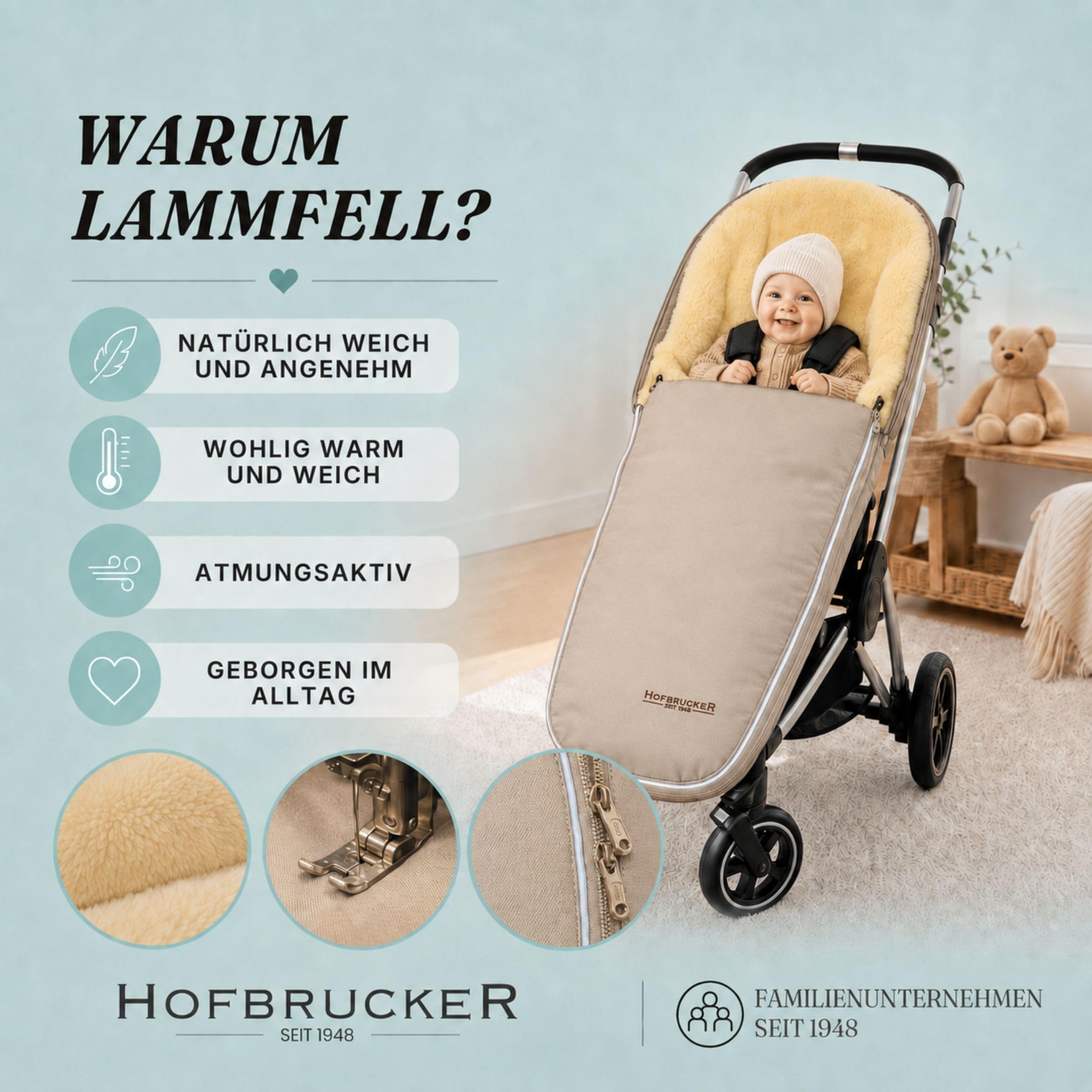 Hofbrucker Kinderwagen Fußsack Polaris – Warm & kuschelig, ideal für Babys & Kleinkinder, hochwertiges Lammfell, passend für Joolz, Cybex & Bugaboo Sportsitz, atmungsaktiv und Wind & Wasser abweisend