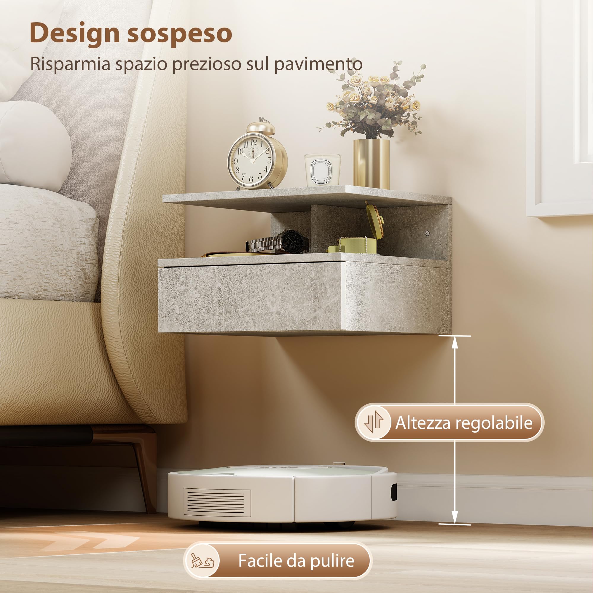 HOMCOM Set di 2 Comodini Camera da Letto Sospesi con Cassetto e Scomparto Aperto, Coppia di Comodini Moderno in Legno, Tavolini per Divano, Soggiorno, Salotto e Camera, 35x32x22.5 cm, Grigio Cemento