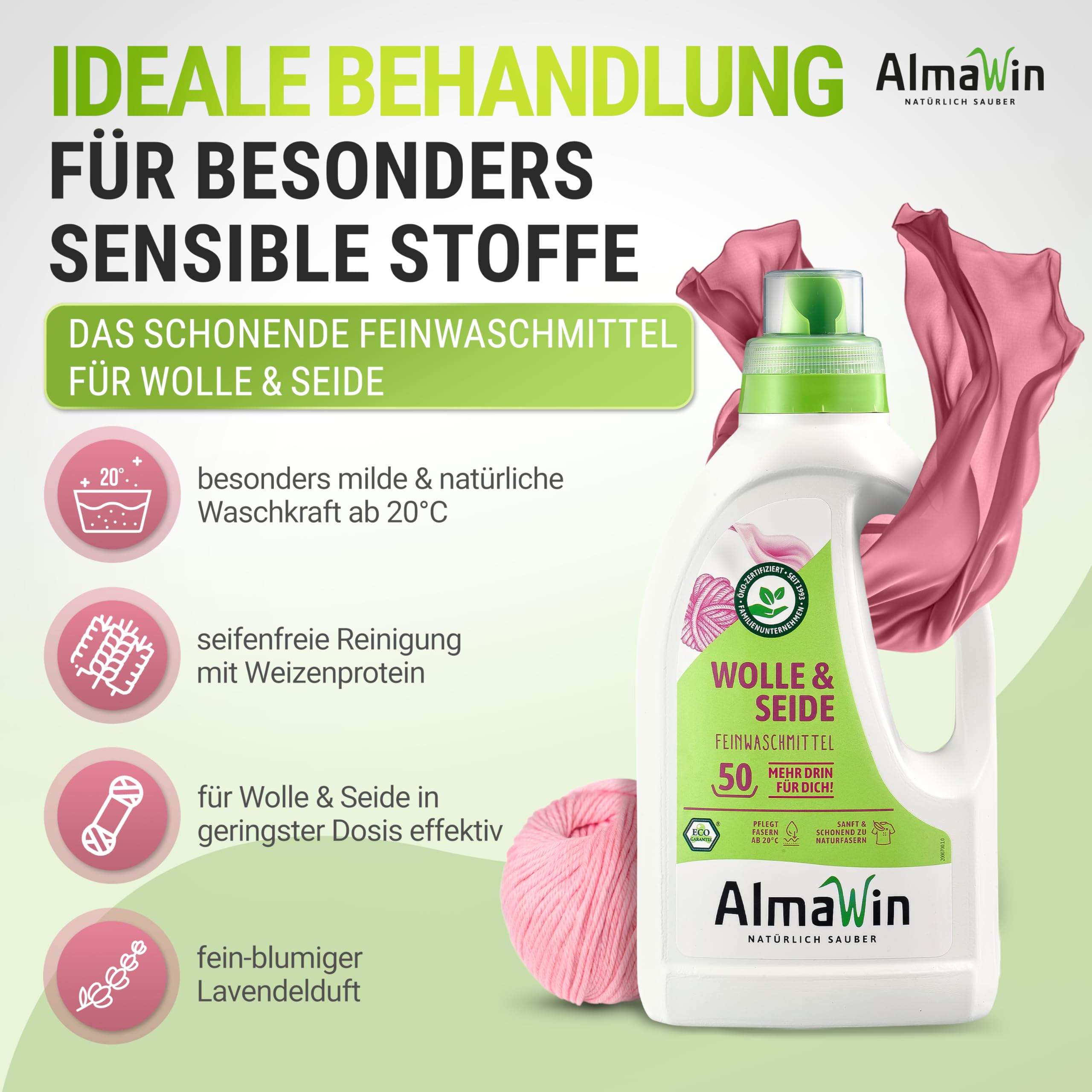 AlmaWin® Waschmittel Wolle & Seide [6x 750ml - 300 Ladungen] mit Lavendel-Duft für schonende Reinigung von Naturfasern - Seide- & Wollwaschmittel anwendbar von 20-40°C - Bio Feinwaschmittel flüssig