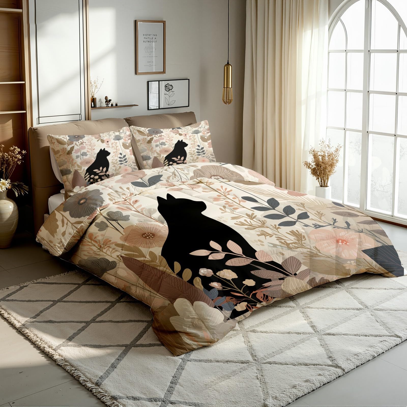 Schwarzes Katze Silhouette Bettwäsche 155x220 cm 3teilig - Pflanzen Blumen Druck Bettdecke Ohne Bezug mit 2 Kissenbezüge 80x80 cm, Waschbare Duvet Wendebettwäsche Bedding mit Reißverschluss