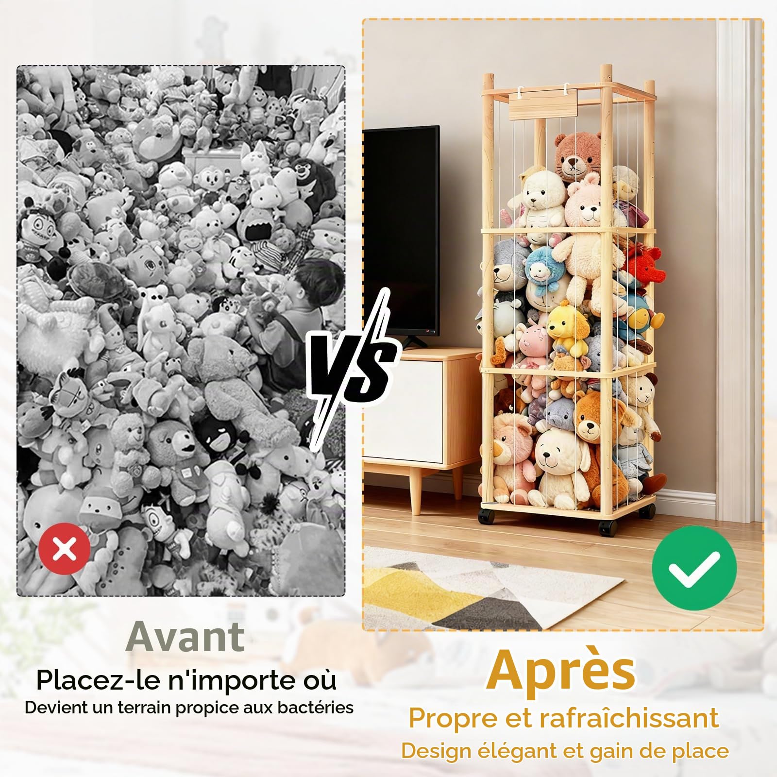 Rangement Peluche, Rangement Peluche de Enfant en Bois Range en Roues équipées d'un Frein à 360° Organisateur de Stockage D'animaux pour Chambre d'enfant, Salle de Jeux, Salon, etc