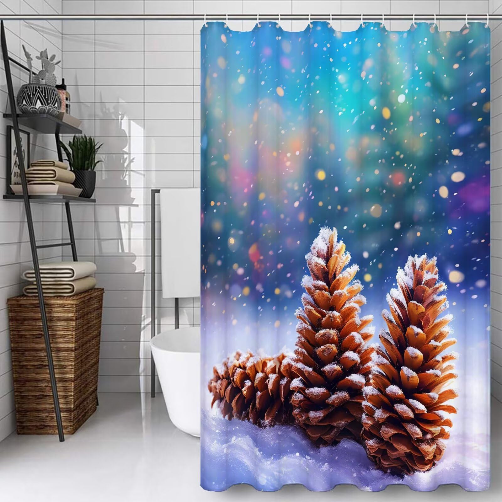 Rideau douche bleu hiver 150x210 cm en polyester lavable avec 12 crochets