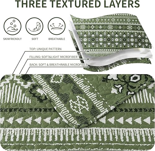 Miniatura 4 de TWINRUN Juego de ropa de cama bohemio tamaño Queen, edredón bohemio verde, colcha ligera tamaño Queen con estampado de rayas geométricas (90 x 98