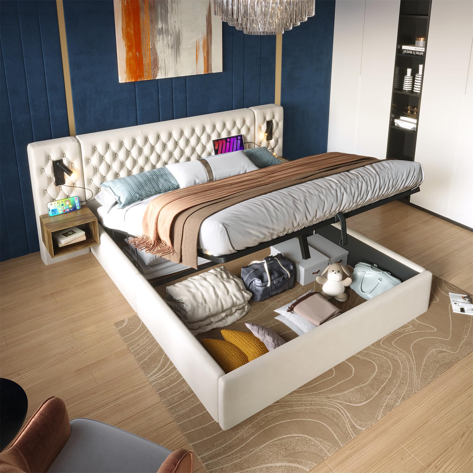 Ensemble Complet de Lit pour Chambre à Coucher, Lit Double, 160 x 200 cm, lit de Rangement hydraulique, avec 2 Tables de Chevet, Lampe de Lecture avec Fonction de Charge USB, Beige,(sans Matelas)