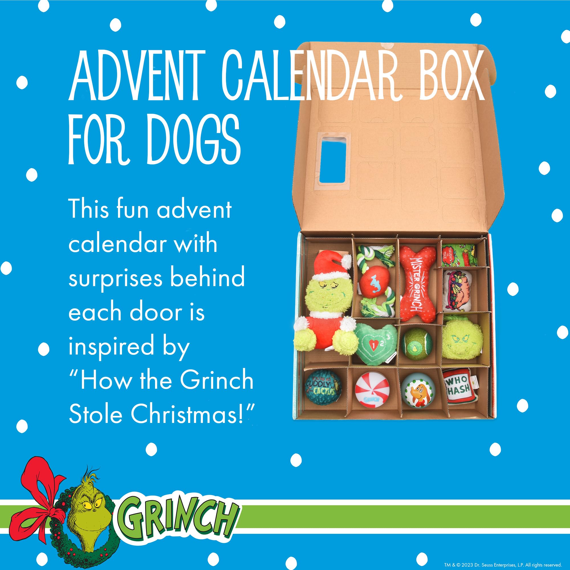 Dr. Seuss 'For Pets How the Grinch Stole Świąteczny kalendarz adwentowy dla psa z 12 zabawkami i akcesoriami niespodzianek; wypchacze do pończoch, prezenty świąteczne dla psów, prezenty świąteczne dla