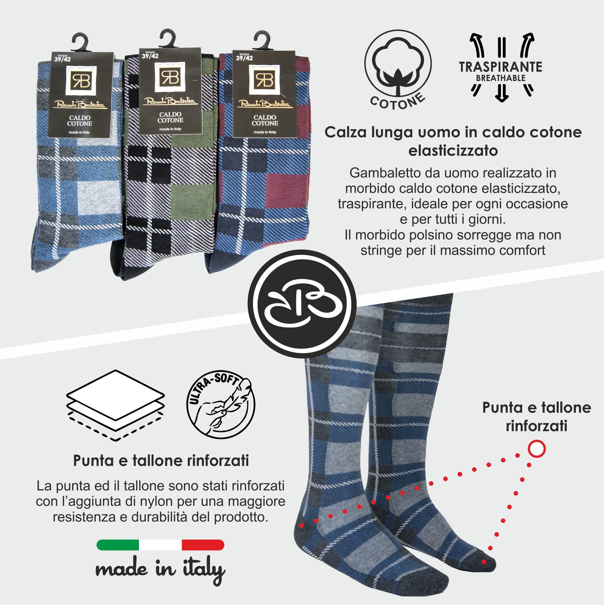 Renato Balestra 6 Paia - Calze Invernali in Cotone da Uomo Varie Altezze - Vari colori - Non stringono - Punte e talloni rinforzati