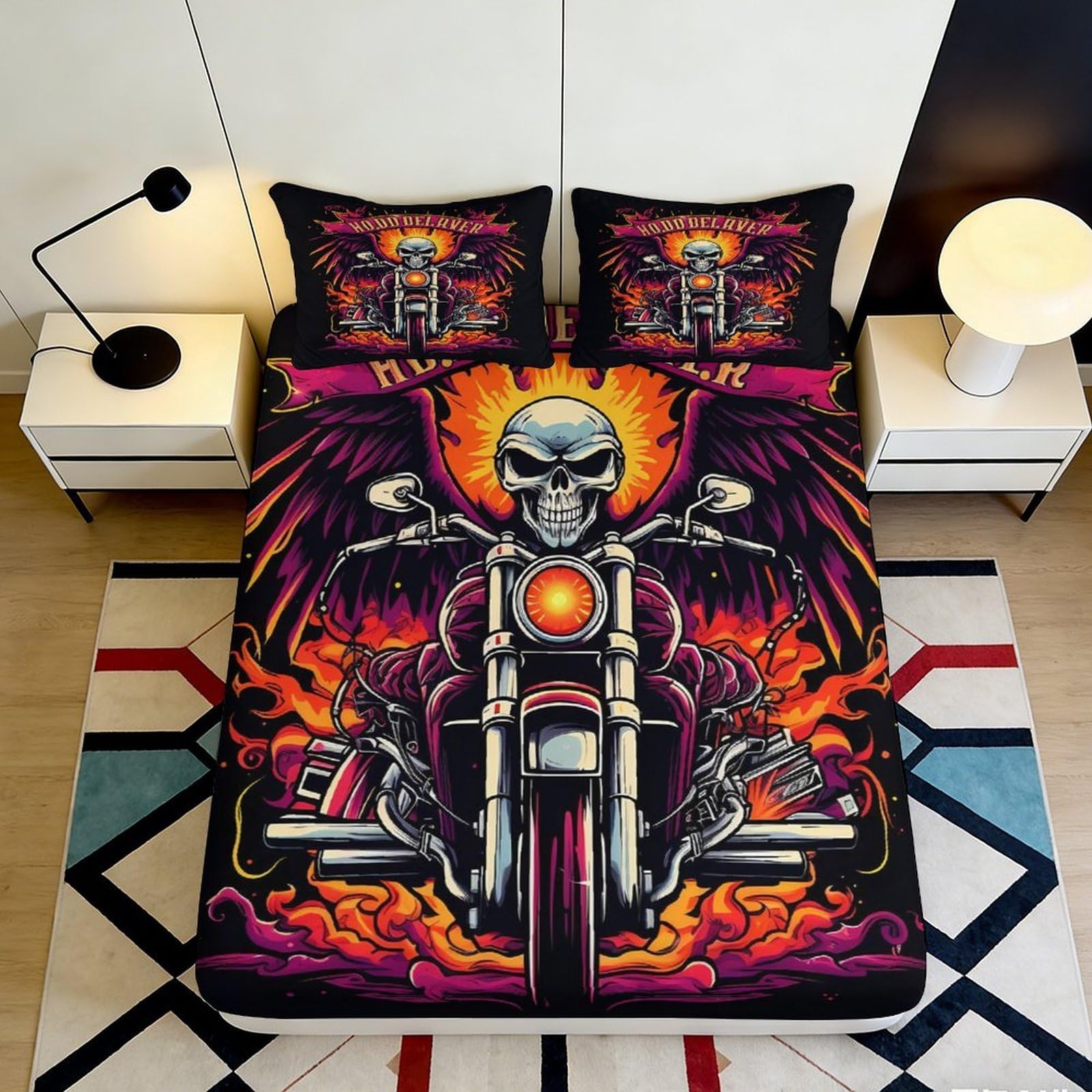 Uynsixtme Style-1 3D Printed Skull Motorcycle Fitted Sheet Microfiber Deep Pocket Bedroom Set Skull Motorcycle Mattress Fitted Cover Non-Slip For Adults Teens 200X200x25cm