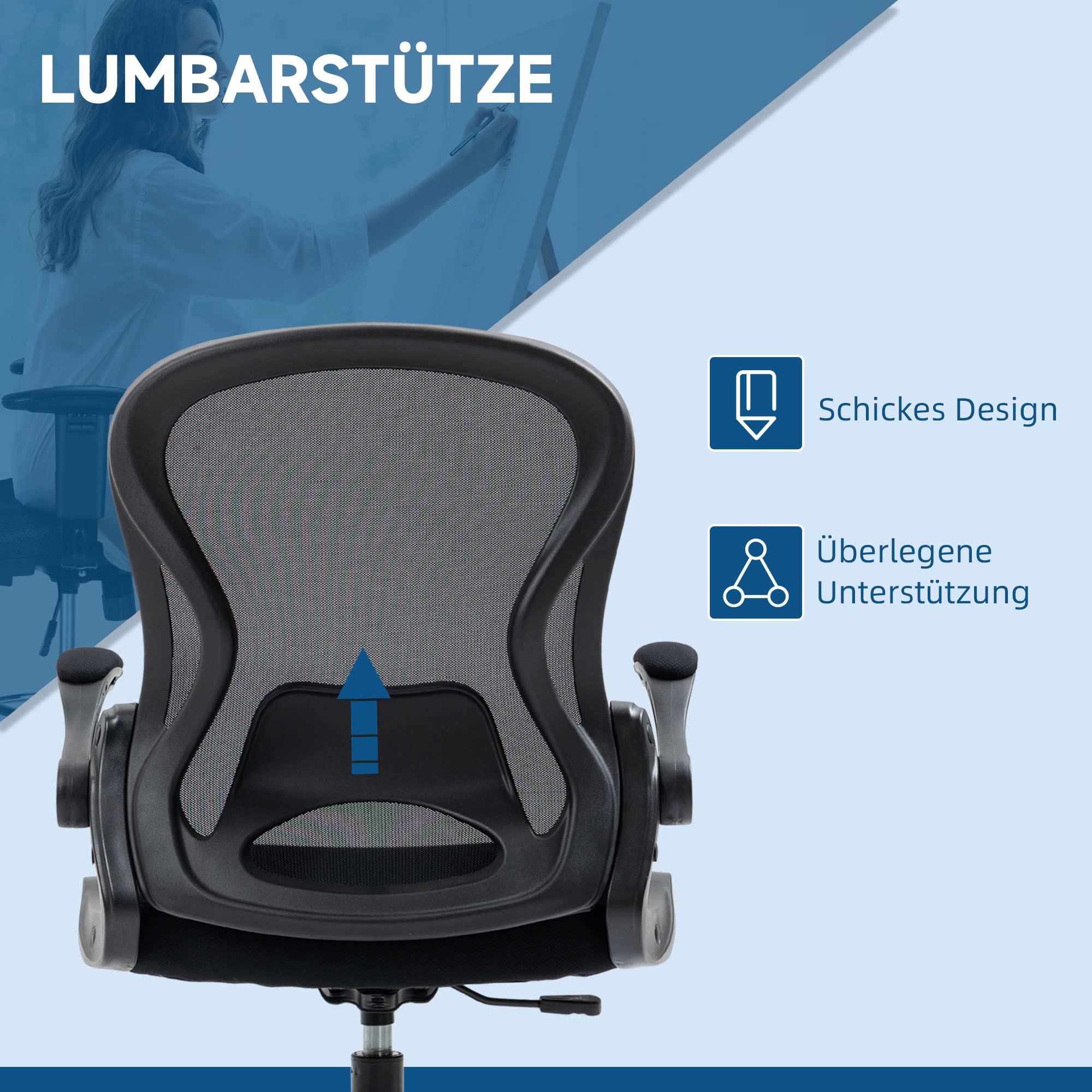 Vinsetto Bürostuhl Ergonomischer Zeichenstuhl 102-122 cm Schwarz | Mit Verstellbarem Fußring, Drehstuhl, Höhenverstellbarer Arbeitsstuhl, mit Rollen, Lendenwirbelstütze