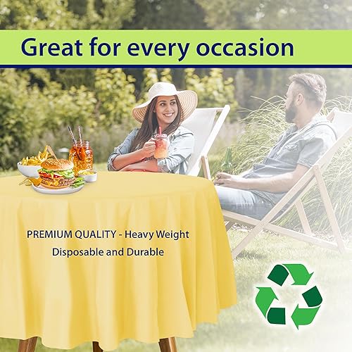 Miniatura 5 de Party Dimensions Mantel de plástico desechable amarillo para mesas redondas (paquete de 12) manteles de 84 pulgadas para fiestas, eventos y bodas,