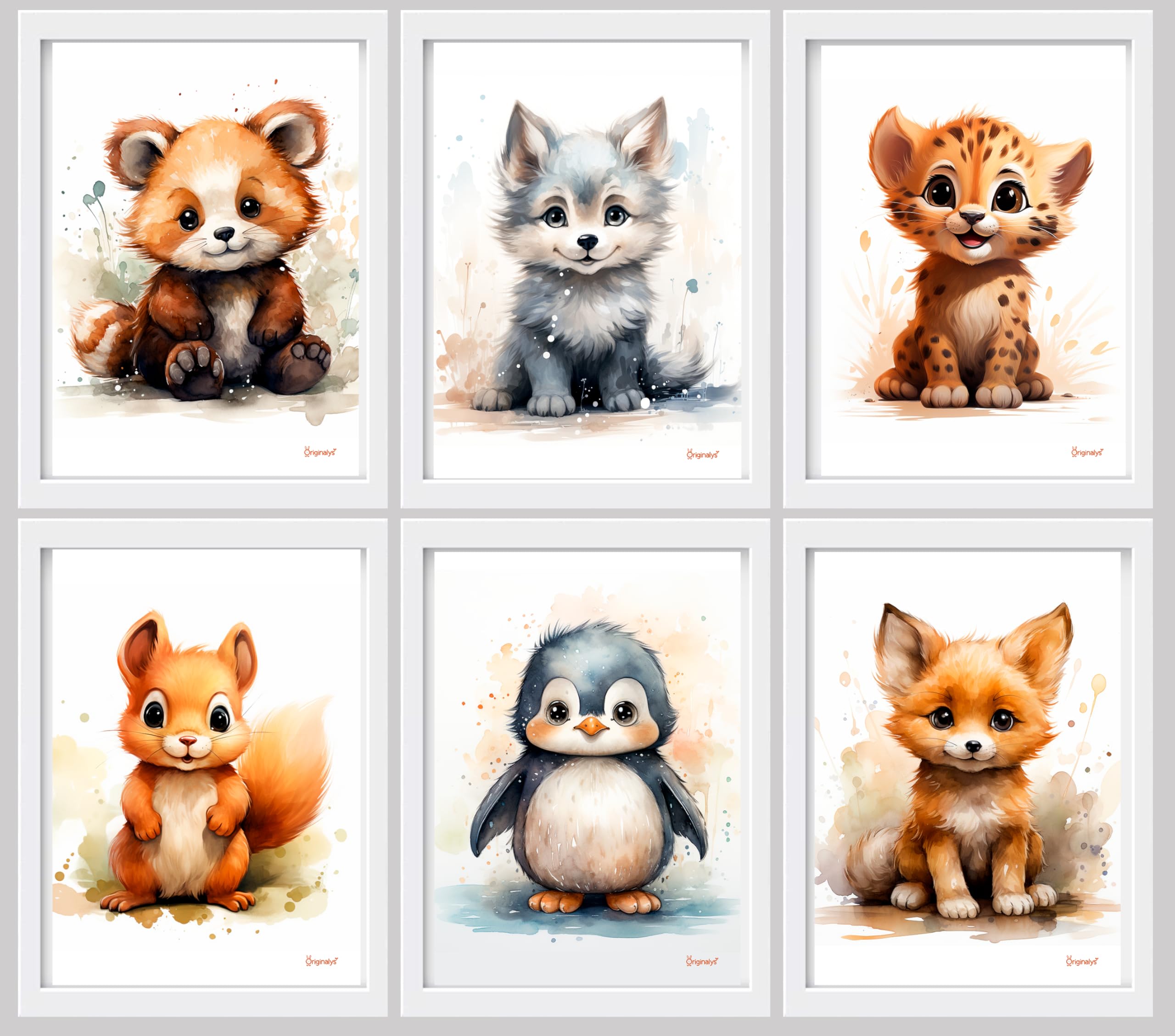 Originalys Animaux, Lot de 6 affiches A4, pour chambre d'enfant, Bébés animaux, Loup, Écureuil, Guépard, Panda rouge, Renard et Pingouin. Posters pour fille, garçon et bébé. (Sans Cadre)