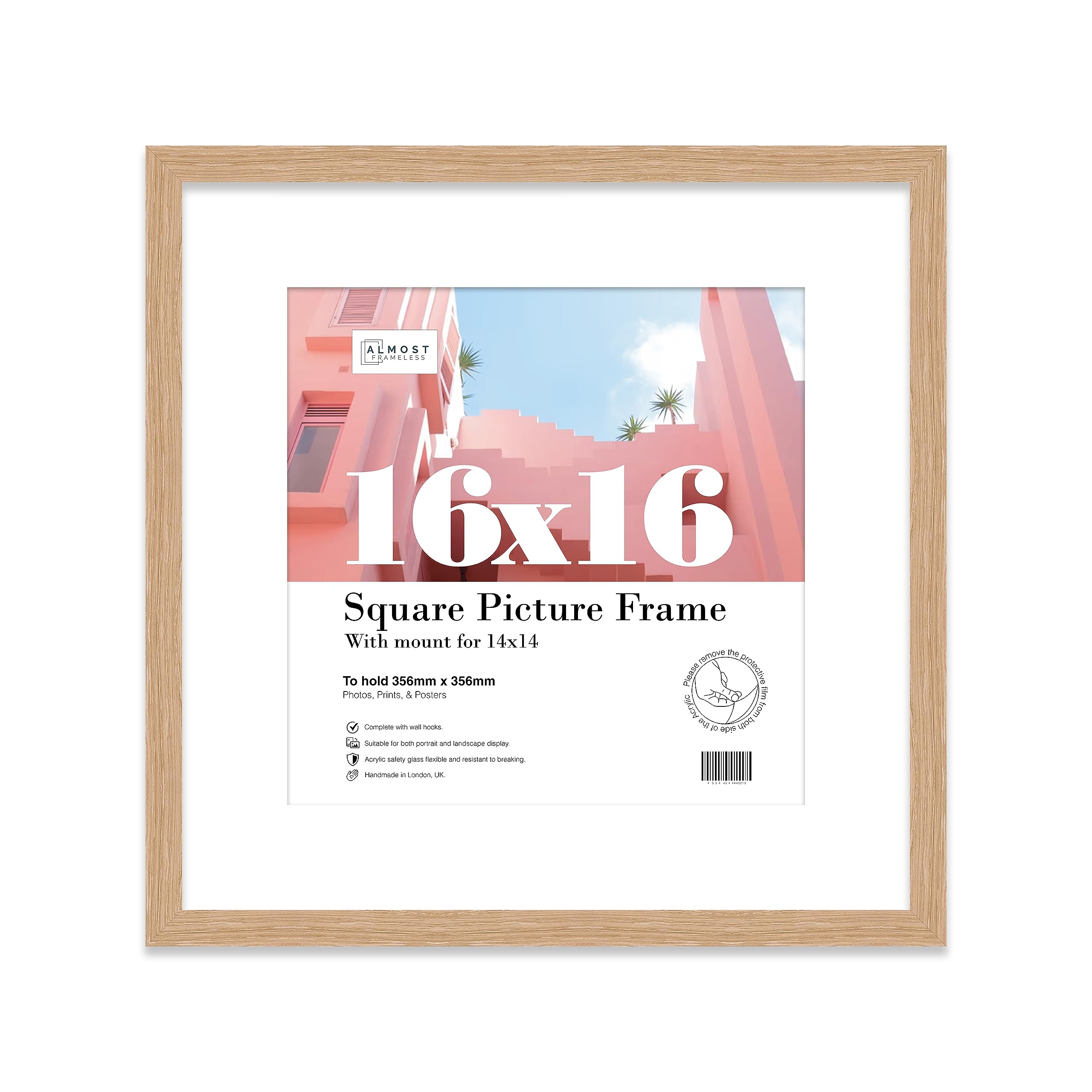 16x16 Oak Picture Frame with Mount for 14x14 Photos, Prints - Modern Square Wall Frame, 1 Pack