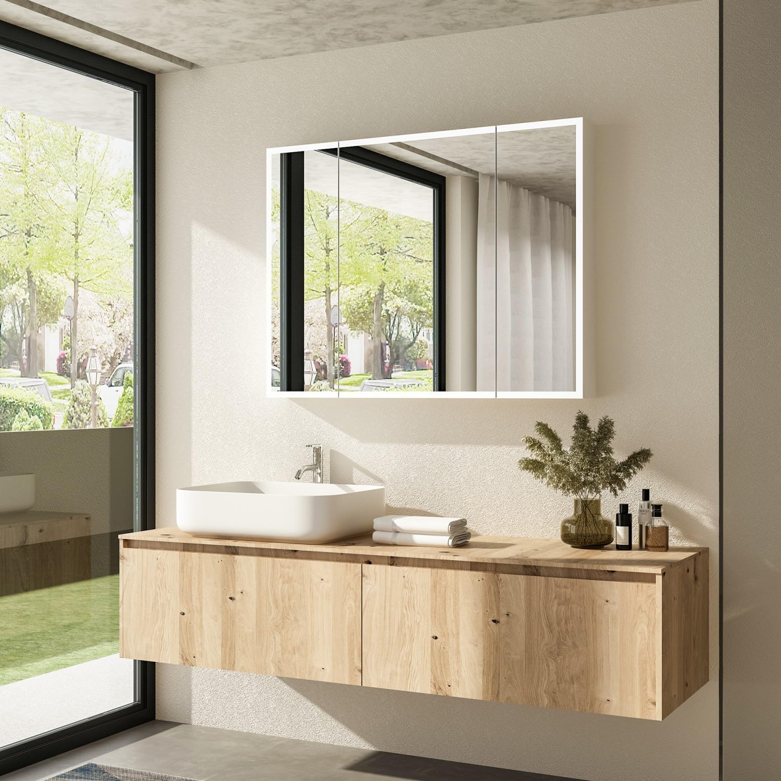 MOUMON Medicine Cabinet with Lighted Mirror, Anti-Fog, 46 x 34.6 Wall Mounted Bathroom Mirror Cabinet with Storage Shelves, 3 Color Lights, 46.1”W x 5.3”D x 34.6”H