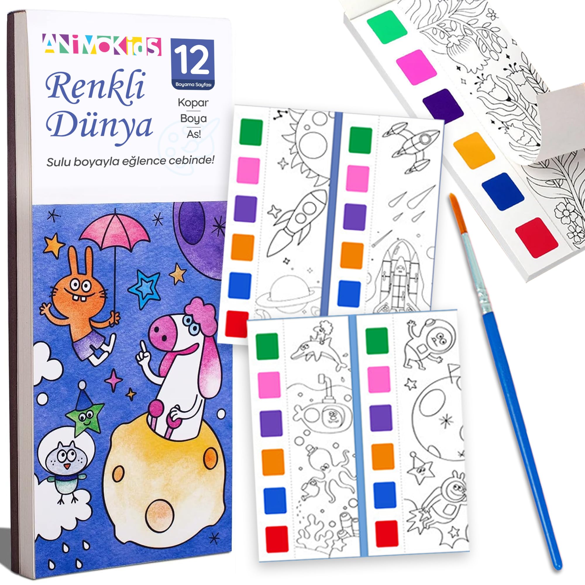 Animokids Renk Paletli Sulu Boya Kitabı + Fırça, 12 Sayfa Boyama Kitabı, Aktivite Boyama Seti, Çocuk