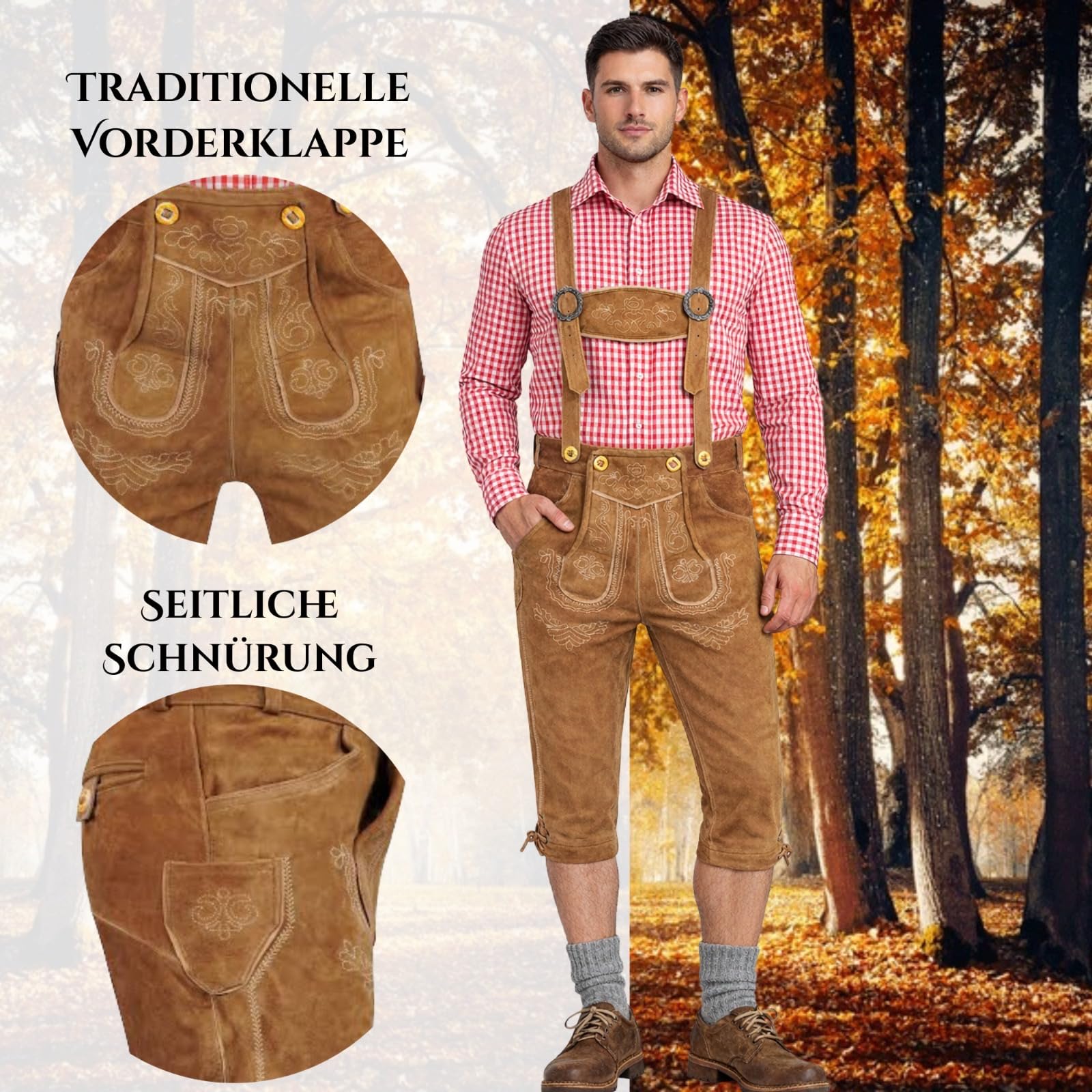 Premium Leder-Kniebundhose für Herren - Gr.46-60 -Trachten Lederhose mit Träger für Männer - Oktoberfest Hose Lederhose mit Träger