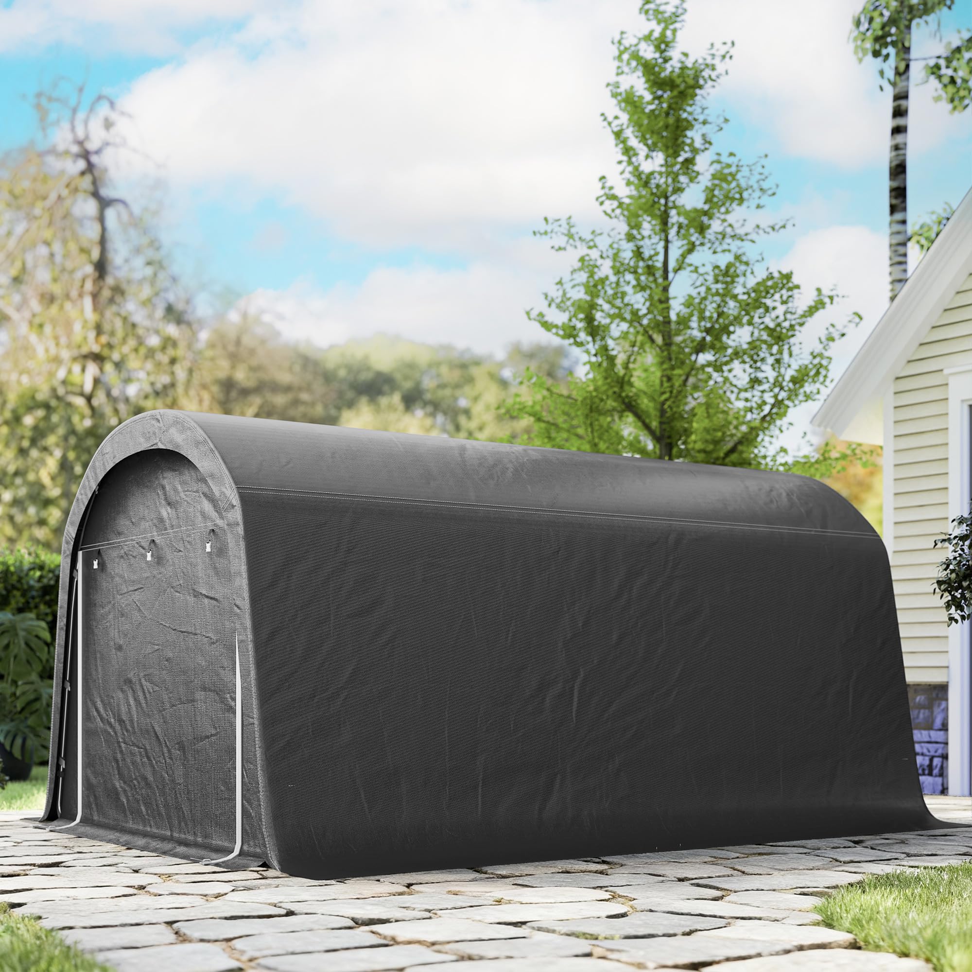 Outsunny Gerätehaus für Fahrräder, wasserdicht Gerätezelt mit Tür, Anti-Staub-Fahrradabdeckung, Unterstand, Foliengerätehaus Fahrradschuppen Fahradgarage für Garten 300x450x230 cm, Dunkelgrau