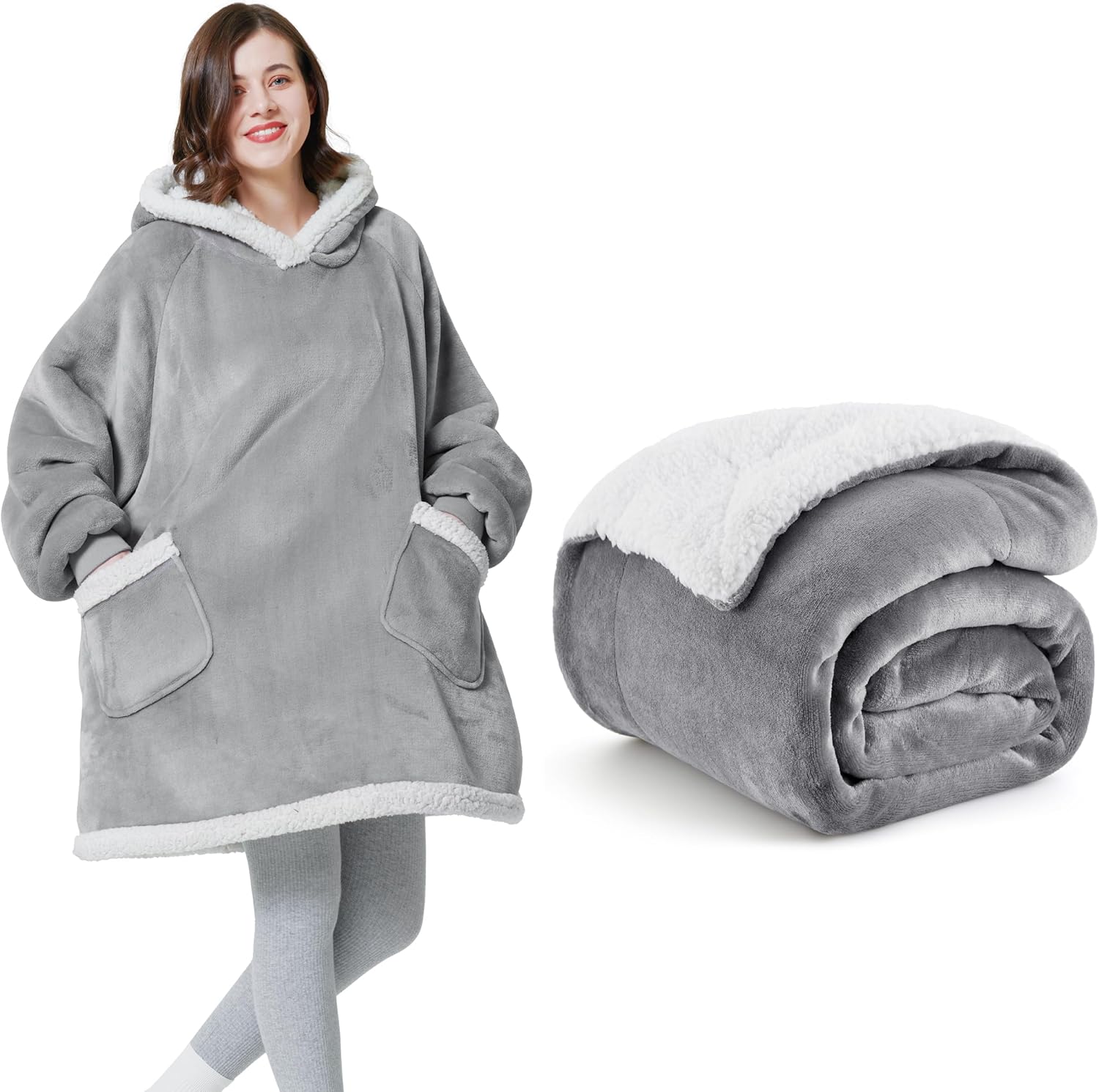 Bedsure Wearable Blanket Hoodie with Sleeves Standard Grey