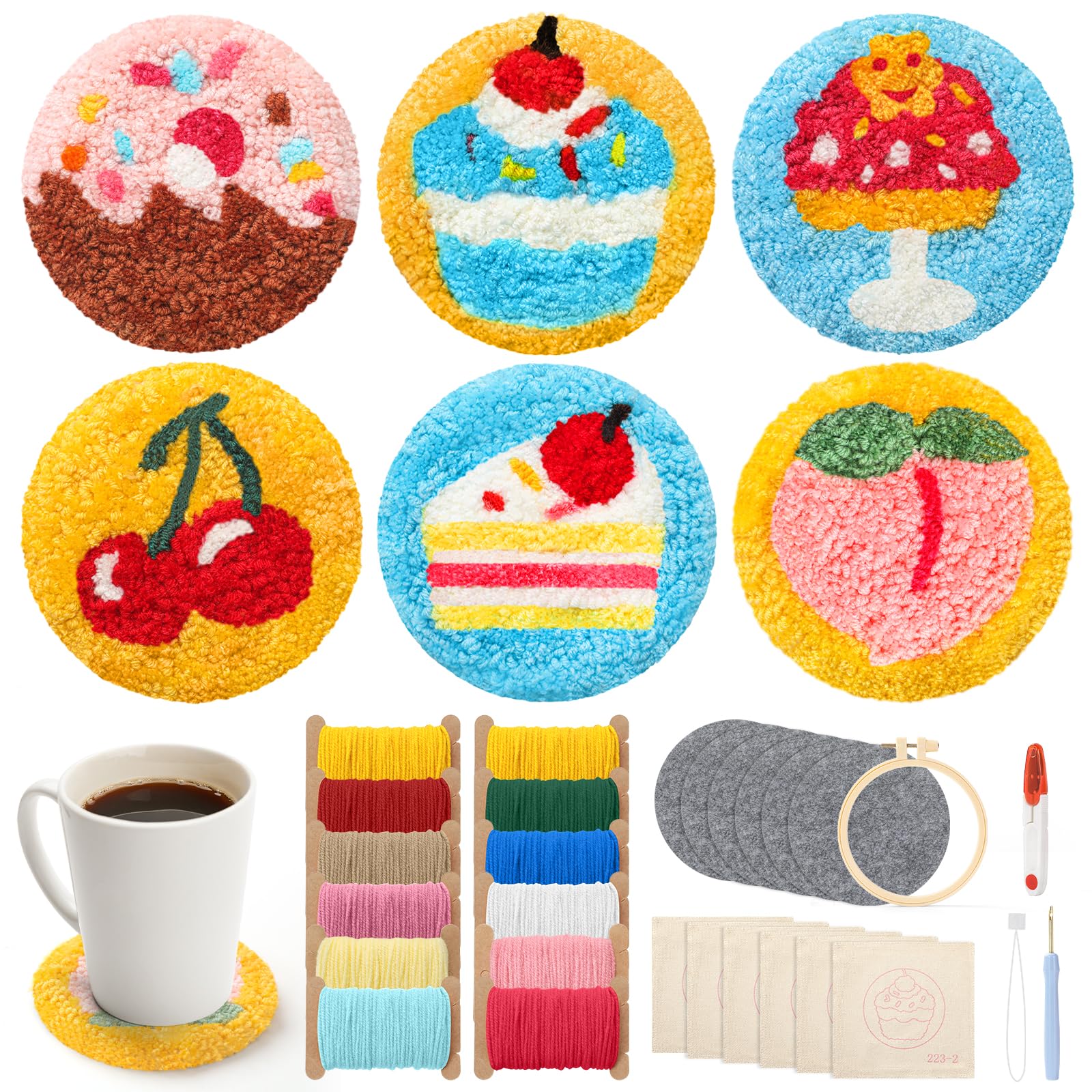Asiv Punch Needle Coasters Kit for Beginners, 6PCS DIY Embroidery Set with Patterns, Yarn, Tools & Hoop, Needle Felting Kit, Craft Supplies, Creative Gift (Gourmet Set Pattern)