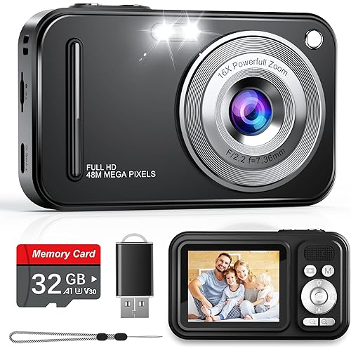 Digital Camera, Autofocus 48MP FHD 1080P Camera for Kids with 16X Zoom Anti Shake, Compact Portable Small Point and Shoot Digital Cameras with 32GB Memory Card for Teens Kids Boys Girls, Black