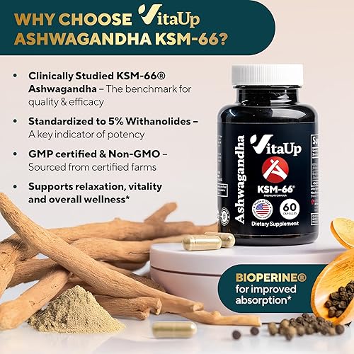 Miniatura 2 de Ashwagandha KSM-66 con Bioperine  Suplementos de Ashwagandha fabricados en Estados Unidos para apoyo de relajación, función cognitiva normal y
